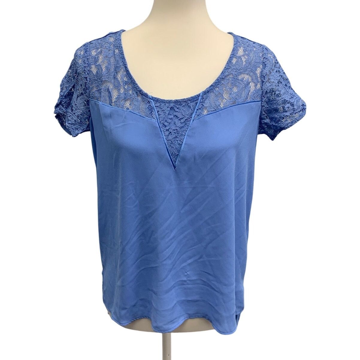Express Express Women Small Lace Detail Blue Short Sleeve Top Blouse Size S / US 4 / IT 40 - 1 Thumbnail