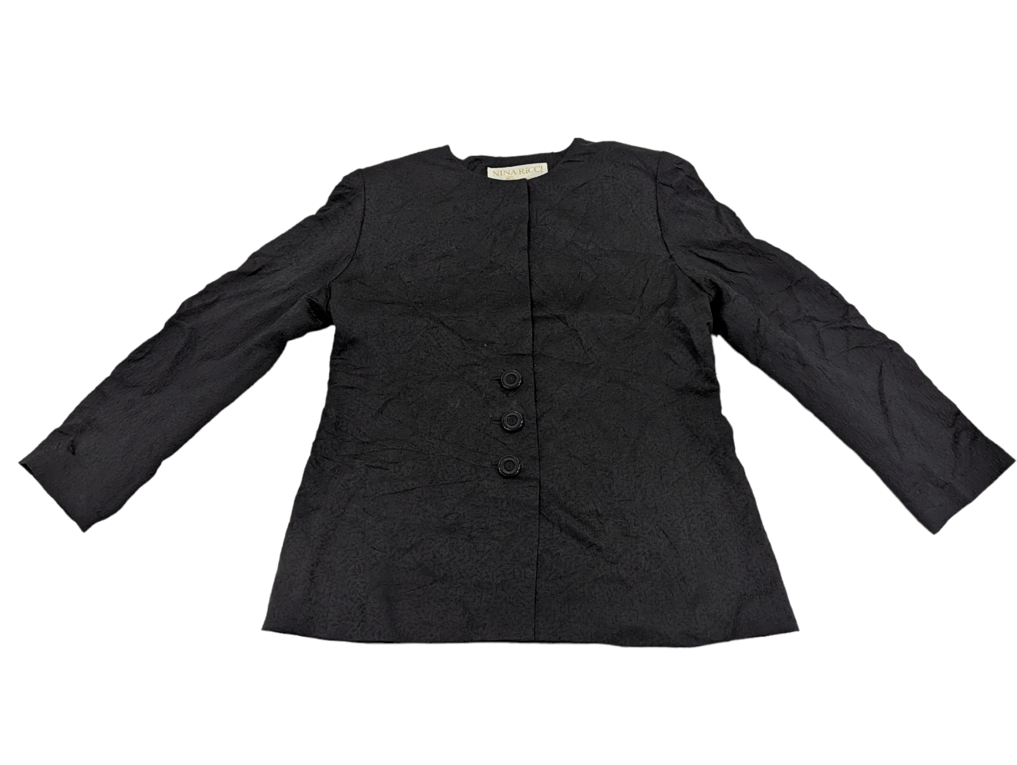 image of Designer Nina Ricci Crinkle Textured Silk Knot Button Jacket in Black, Women's (Size Large)