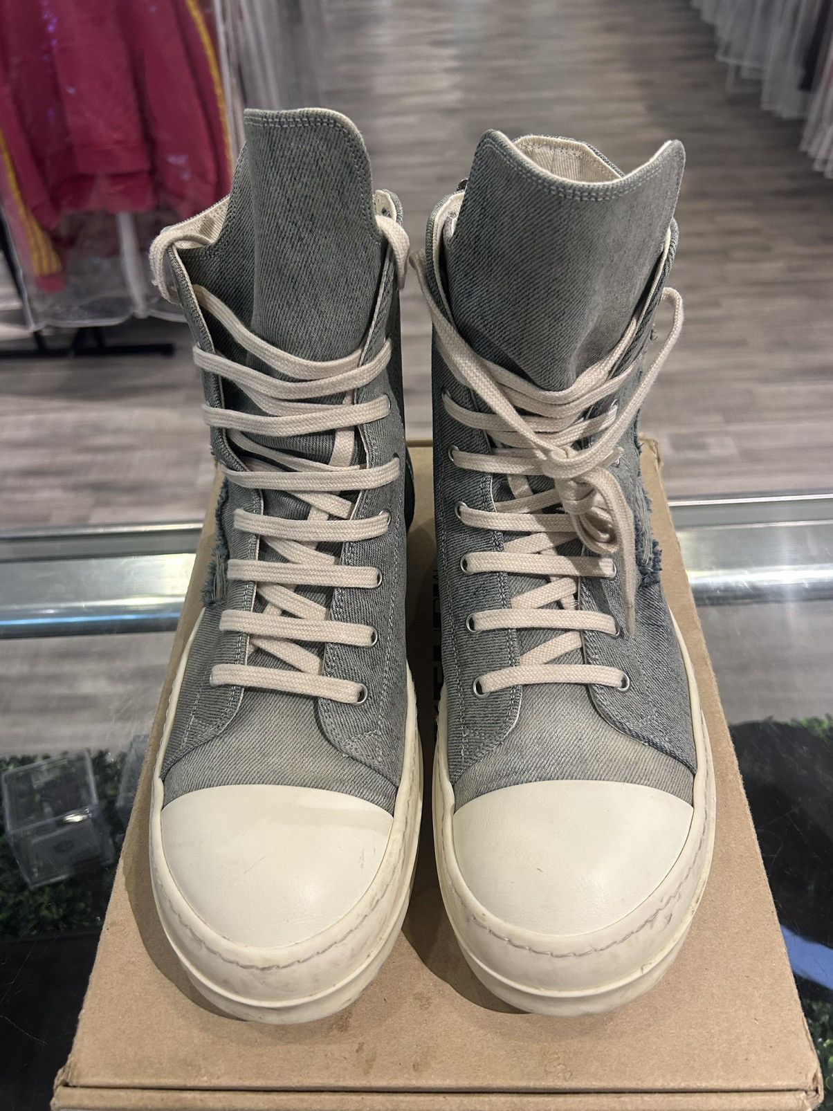 Rick Owens DRKSHDW Distressed Denim High-Top Sneakers