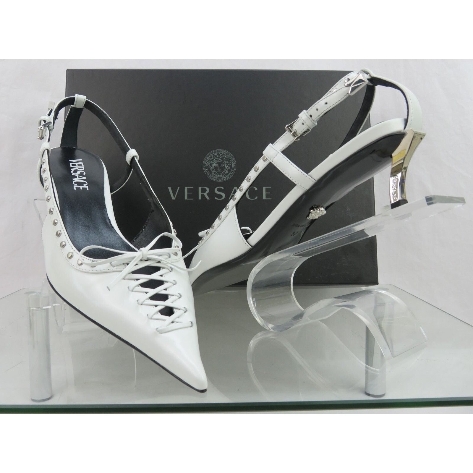 Versace VERSACE WHITE PATENT LEATHER GOLD MEDUSA KITTEN PUMPS 41 11 Size US 11 / IT 41 - 7 Thumbnail