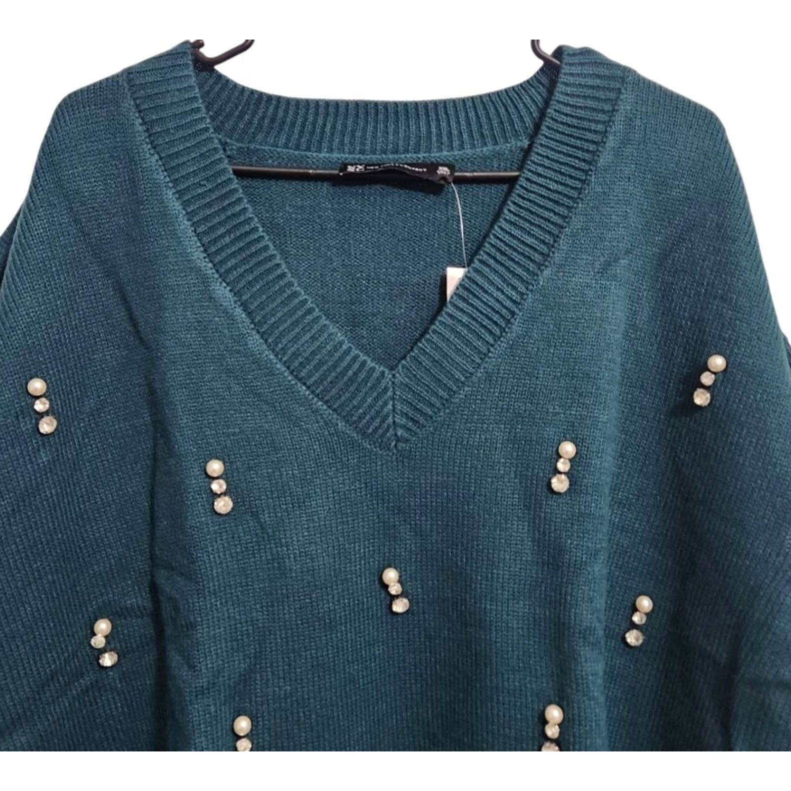 Vintage New York & Company Womens 2XL Sweater V-Neck Short Sleeve Pullover Jewels Green Size XXL / US 16-18 / IT 52-54 - 3 Thumbnail