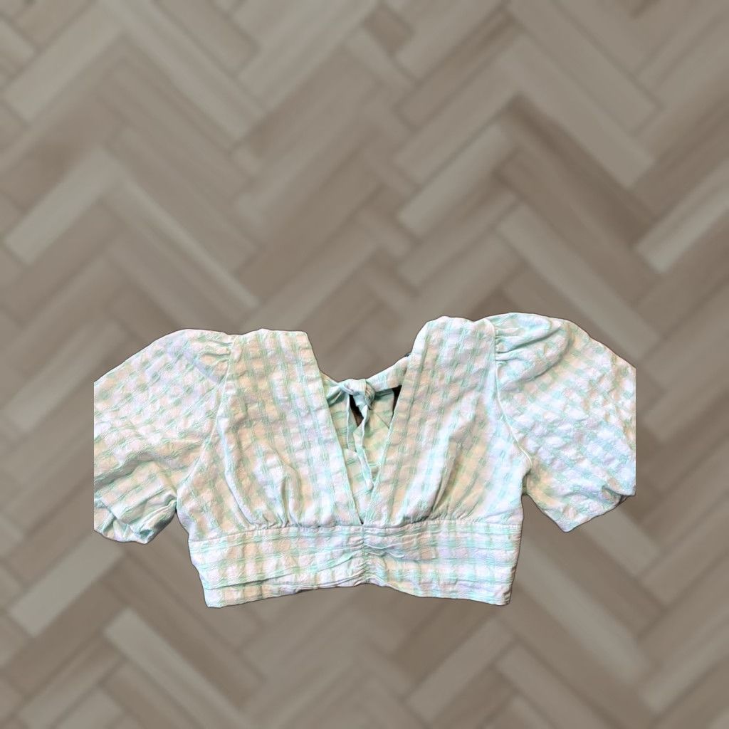 Zara Zara Gingham Tie Back Cropped Top Size L Green Seersucker Puff Sleeve V-Neck Shirt Womens Size L / US 10 / IT 46 - 1 Thumbnail