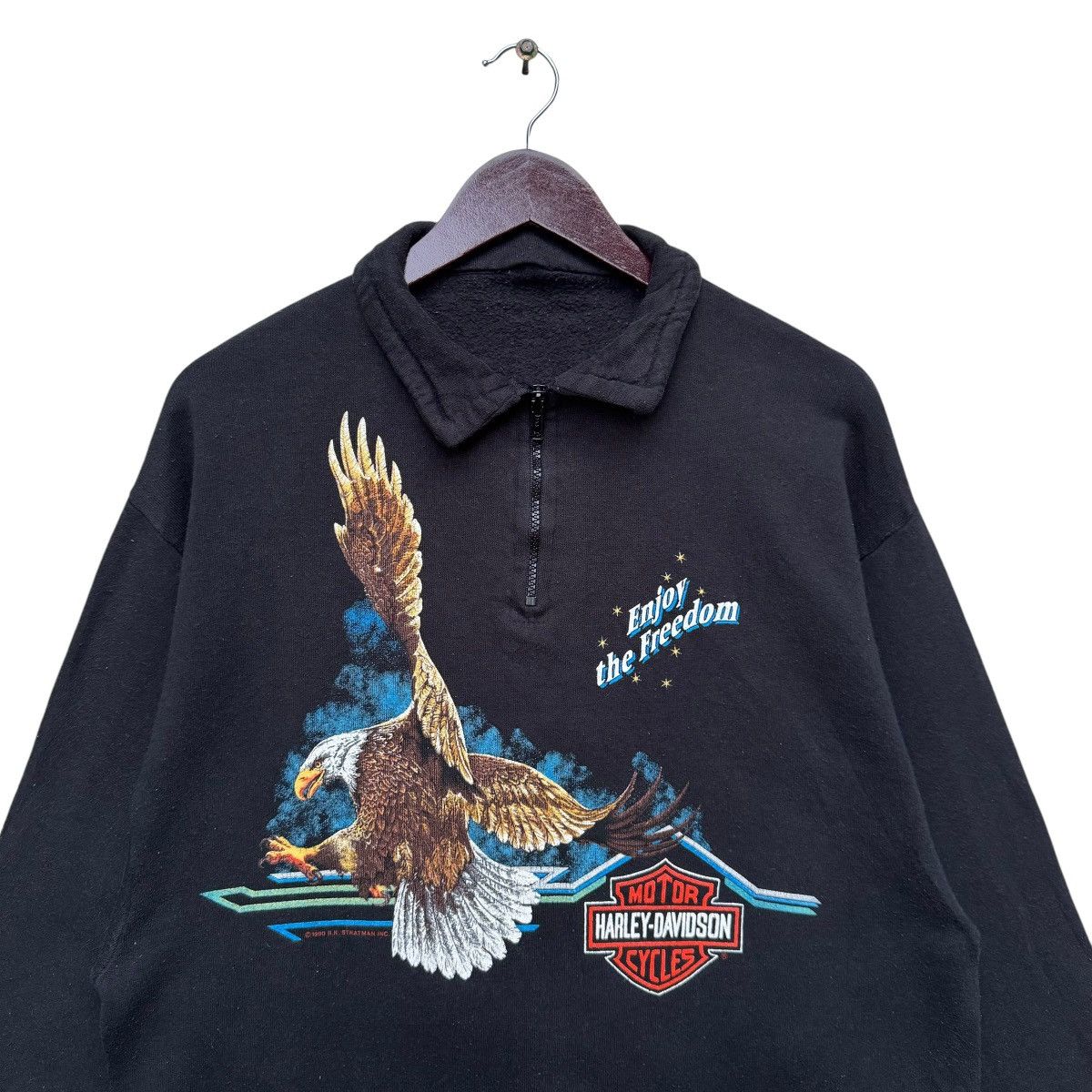 Harley Davidson × Vintage 1990 Harley Davidson H.k Stratman Half Zipper Sweatshirt Size US L / EU 52-54 / 3 - 3 Thumbnail