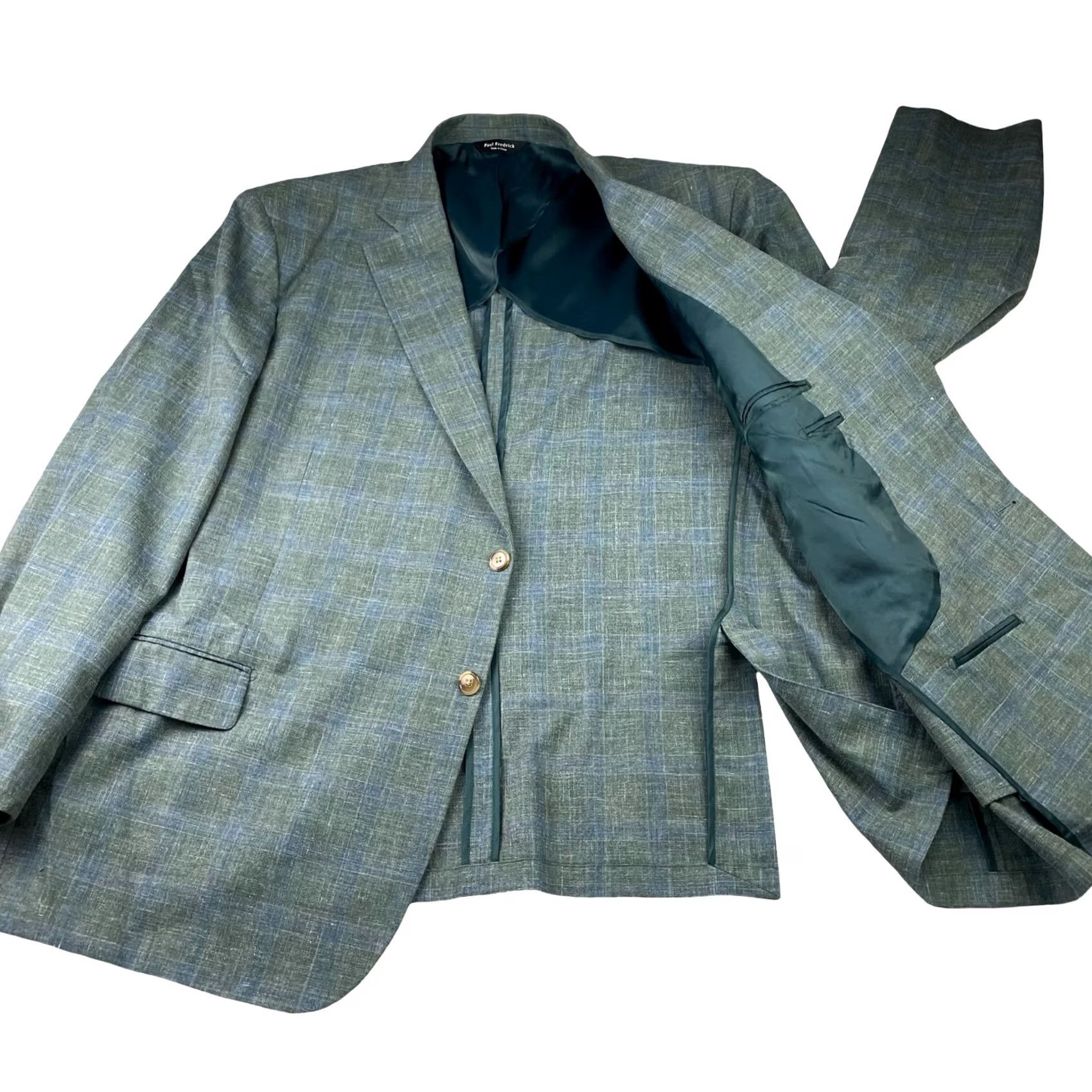 Vintage VINTAGE? No. Paul Fredrick Men's Lightweight Classic 2-Button Blazer Green/Blue Plaid 54R Size 54R - 3 Thumbnail