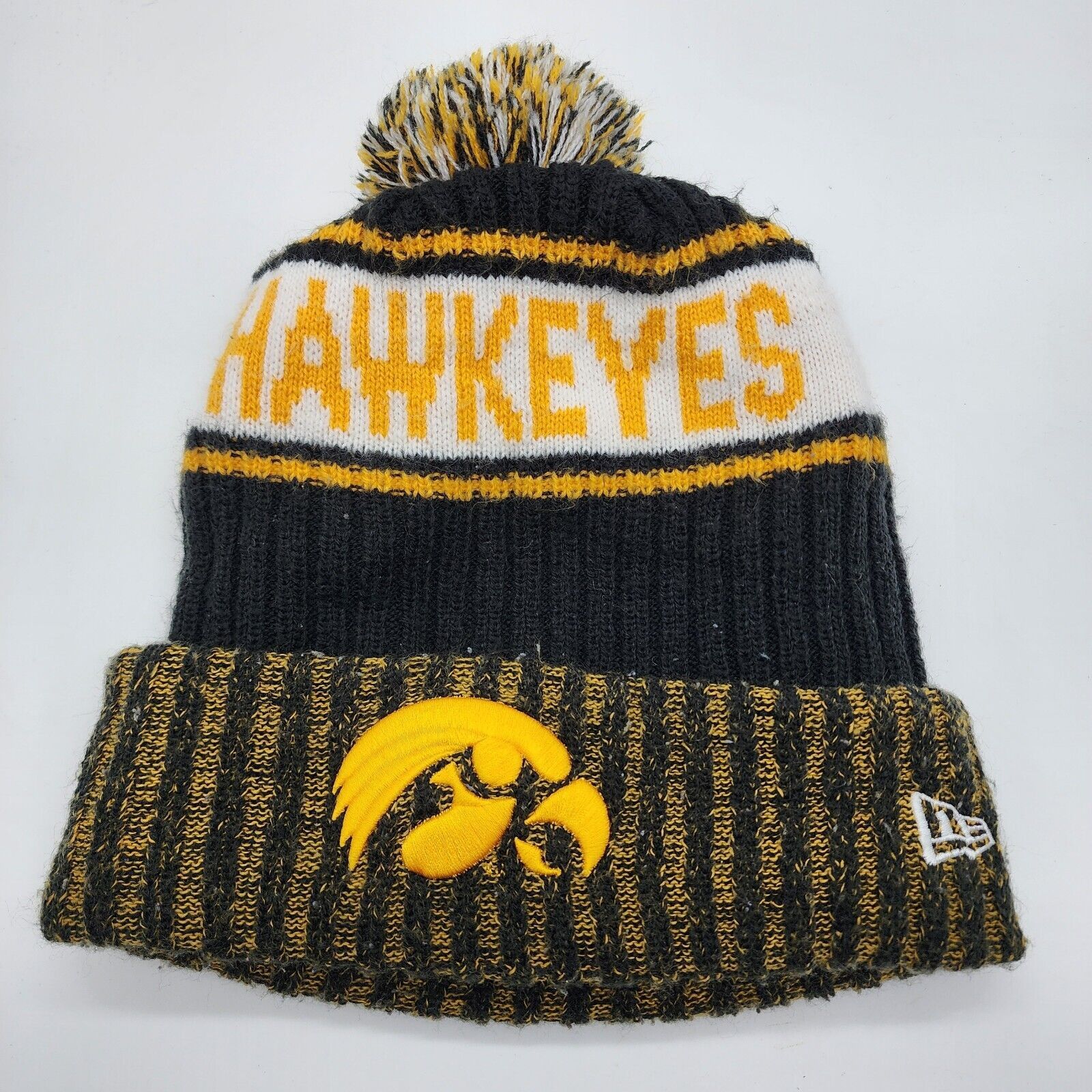 New Era Iowa Hawkeyes New Era Knit Pom Black Gold Fleeced Lined Size ONE SIZE - 1 Thumbnail