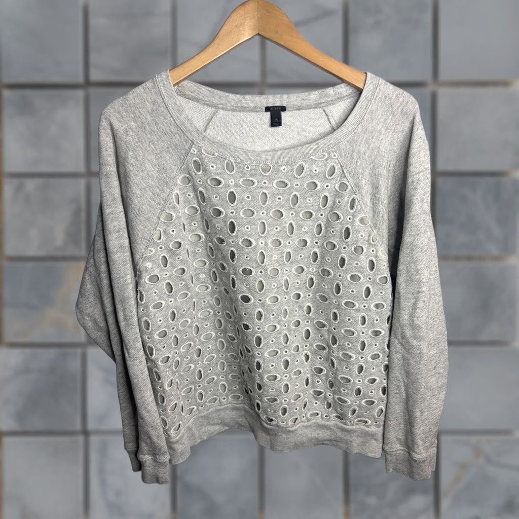 J.Crew J Crew Sweater Womens XL Gray Eyelet Embroidered Pullover Crewneck Cotton Silk Size XL / US 12-14 / IT 48-50 - 1 Thumbnail