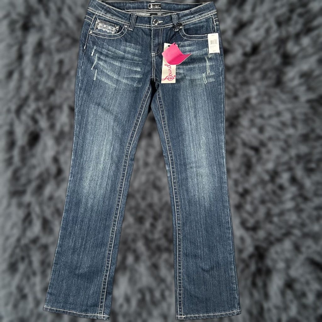Vintage Soundgirl Jeans Womens 13 Medium Blue Skinny Bootcut Embroidered Rhinestone Embellished Stretch Distressed Pockets Zip Fly Jeans Size 34" / US 12 / IT 48 - 1 Thumbnail