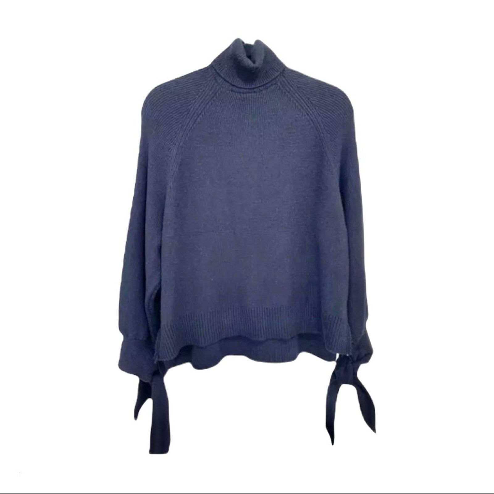 Zara ZARA Black Ribbed Turtleneck Sweater with Tie Sleeves Size S / US 4 / IT 40 - 1 Thumbnail