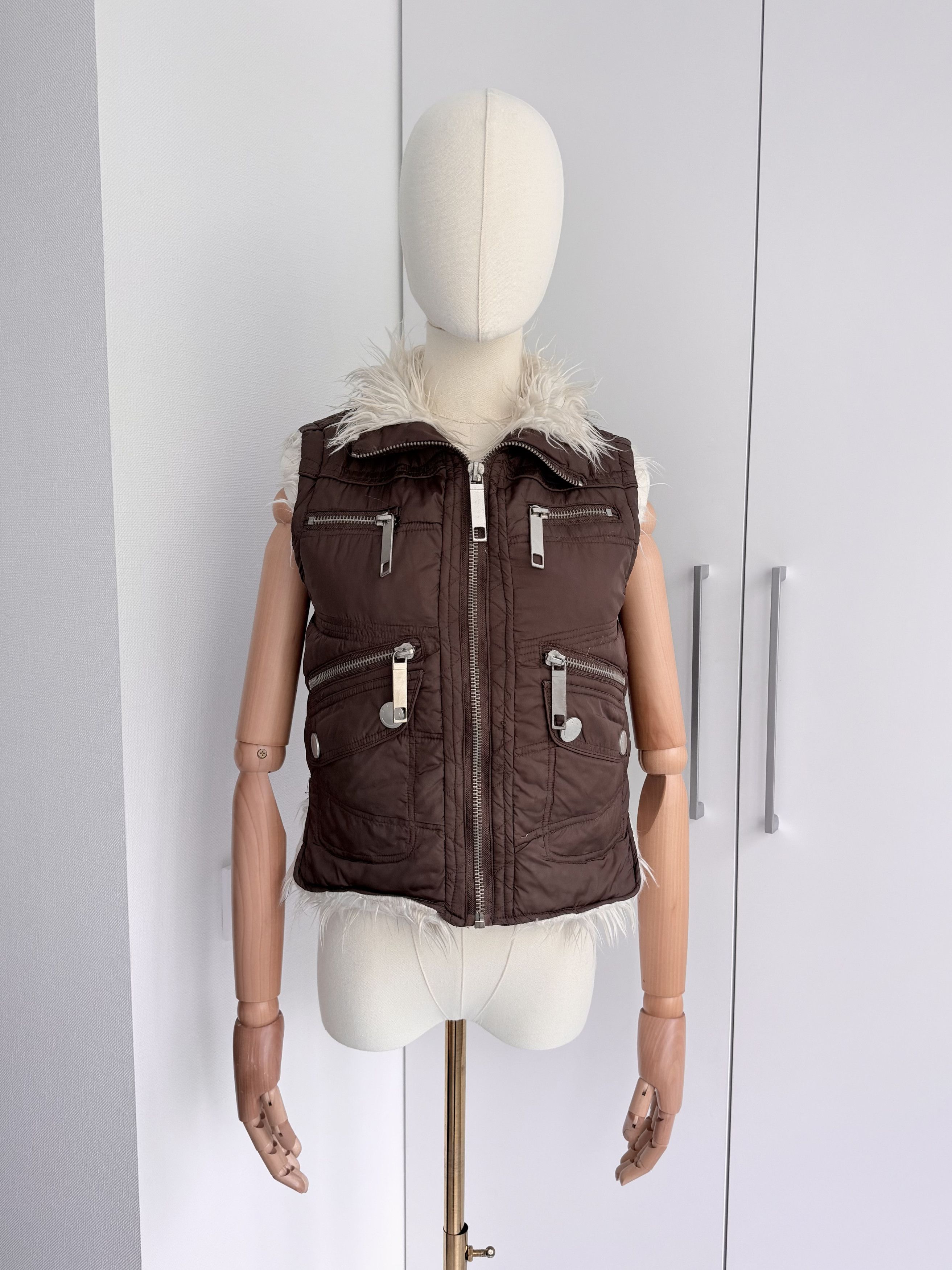 Vintage Brown Cropped Gilet Women XS Faux Fur Y2K Biker Utility Vest Size XS / US 0-2 / IT 36-38 - 1 Thumbnail