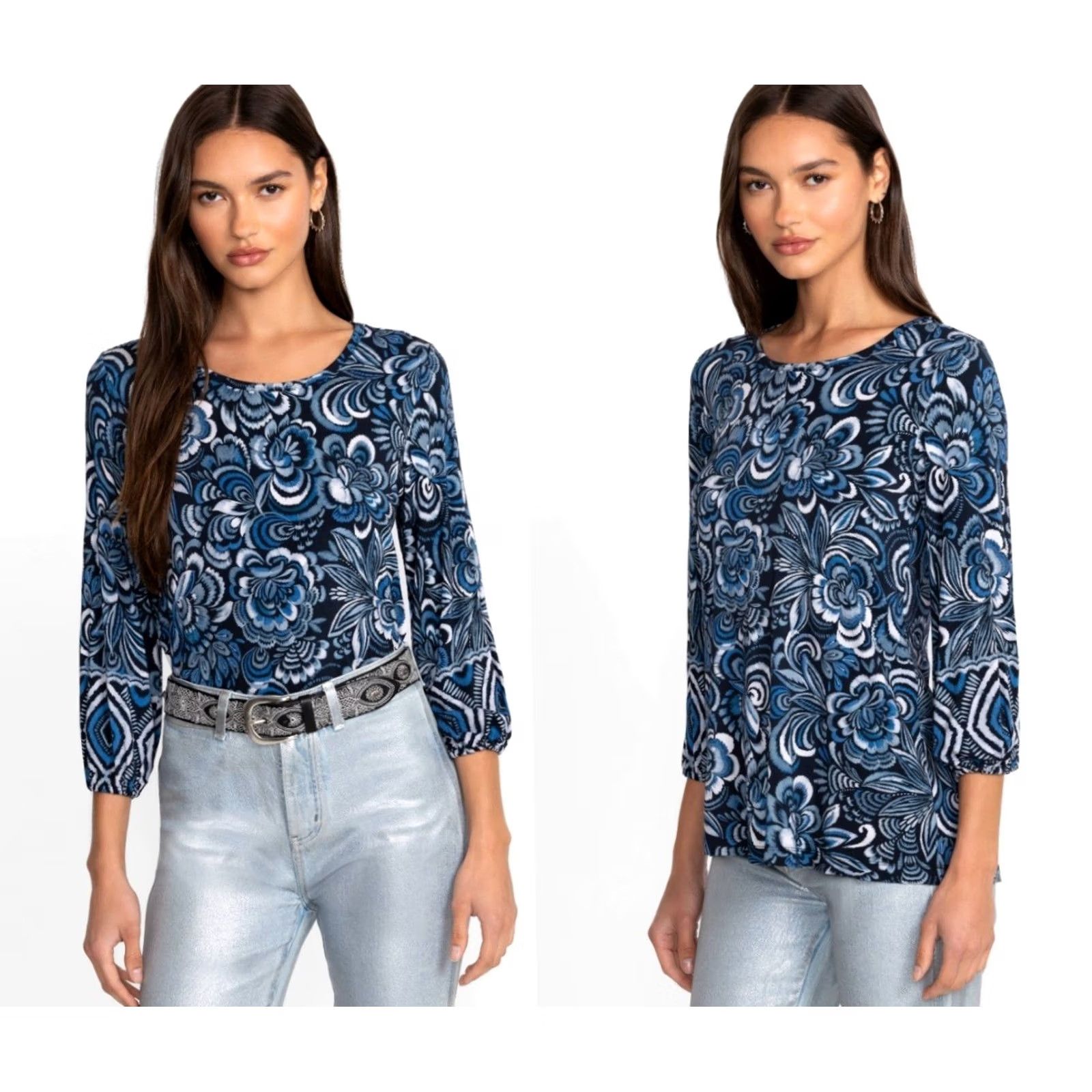 Johnny Was Johnny Was Womens The Janie Favorite Puff Sleeve Knit Tee Beathery Blue Sz L NEW Size L / US 10 / IT 46 - 6 Thumbnail