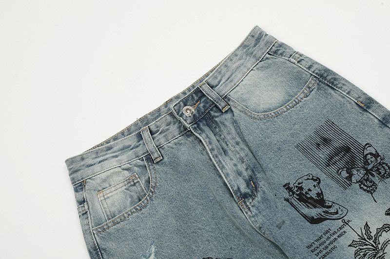Jean American retro street graffiti print ripped jeans for men Size US 32 / EU 48 - 3 Thumbnail