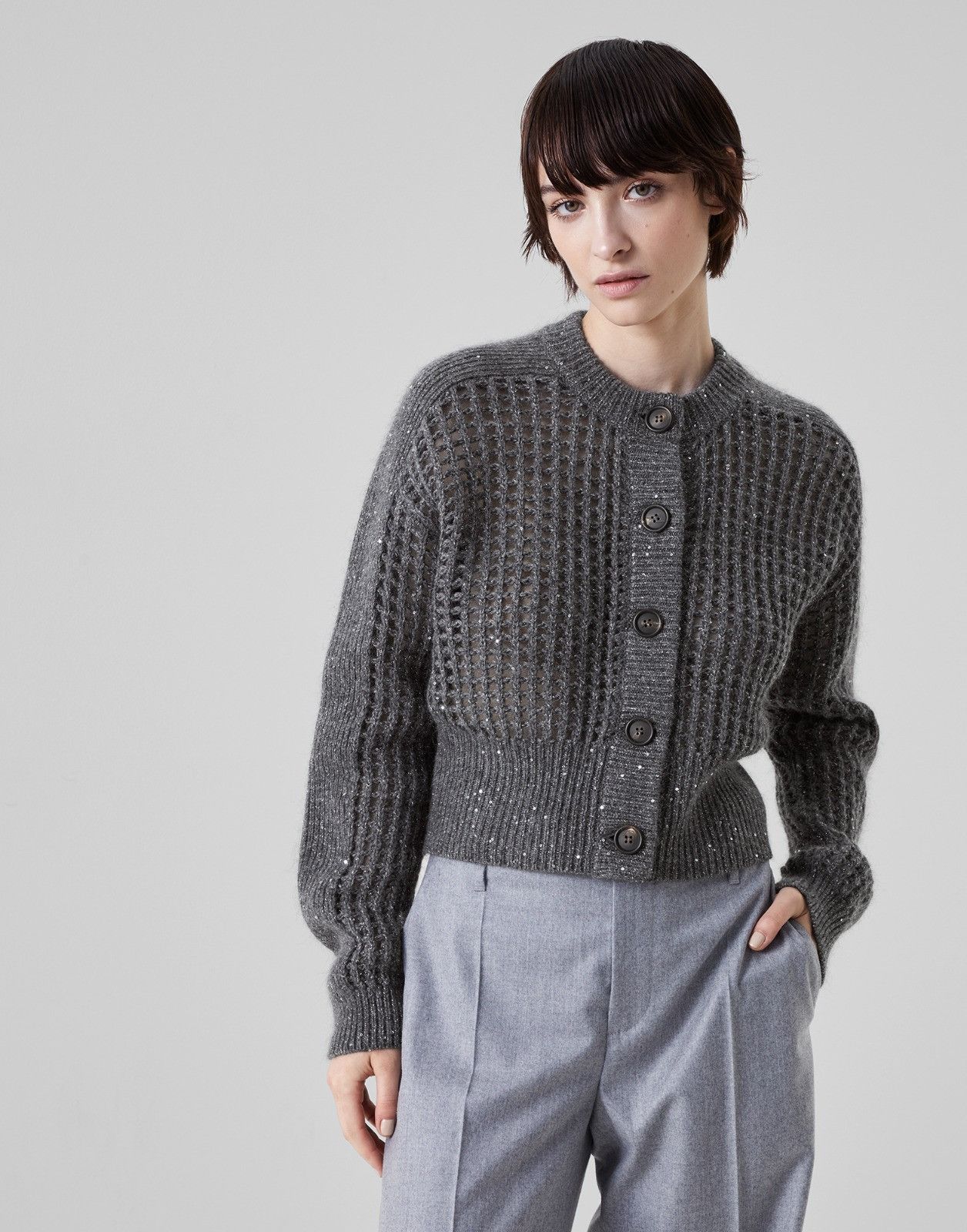 Brunello Cucinelli o1la1rc1a0325 Diamond Knitted Cardigan in Dark Grey Size S / US 4 / IT 40 - 1 Thumbnail