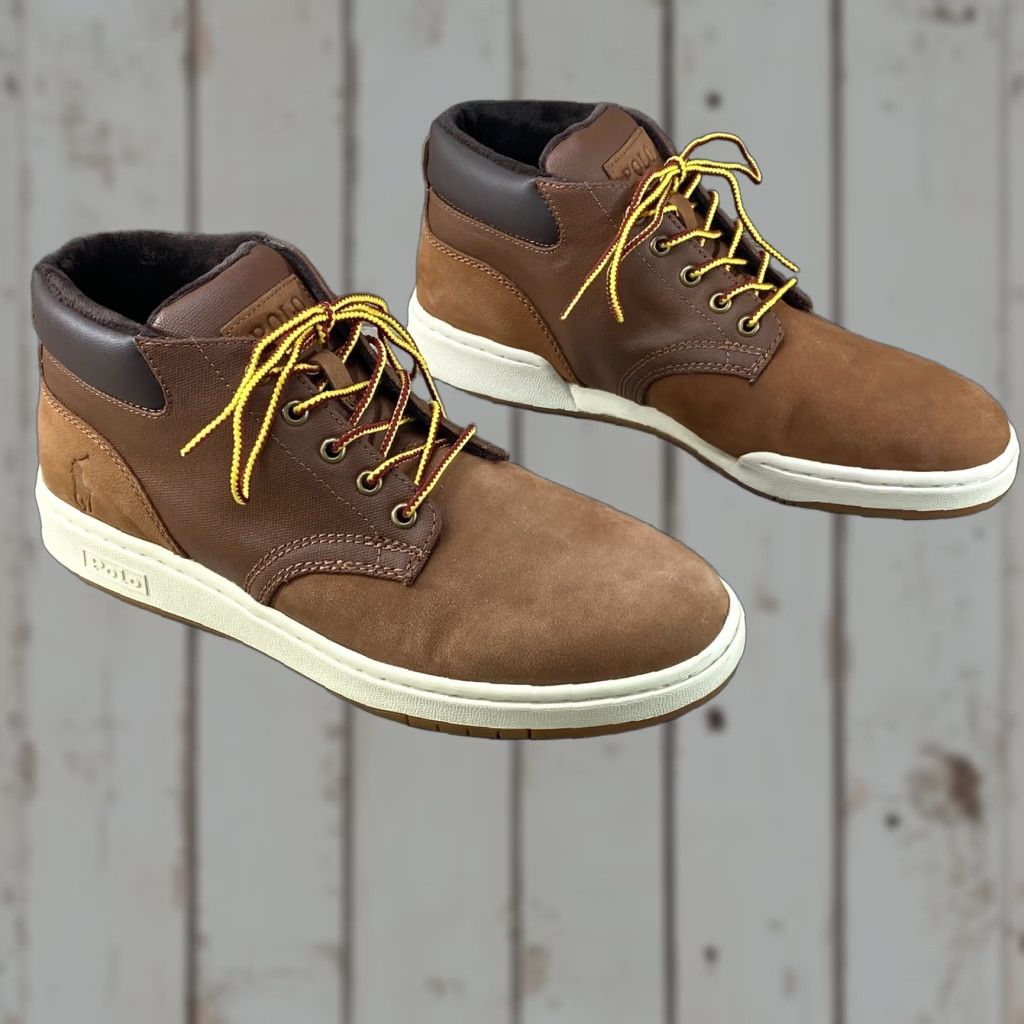 Polo Ralph Lauren Mens 8 Brown Ankle Boot Sneaker Nubuck Leather Canvas Lace Up Shoe Boots