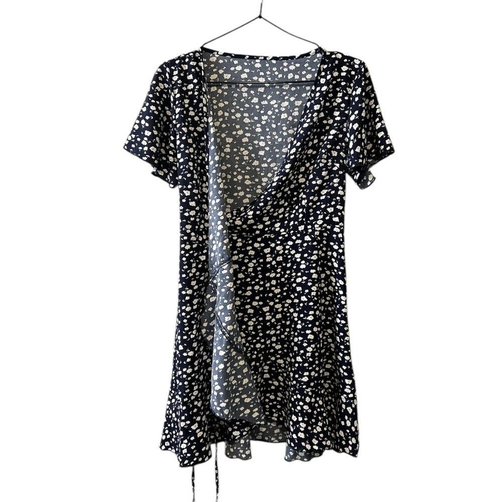 Designer Navy Blue Floral Wrap Mini Dress Size S / US 4 / IT 40 - 2 Thumbnail