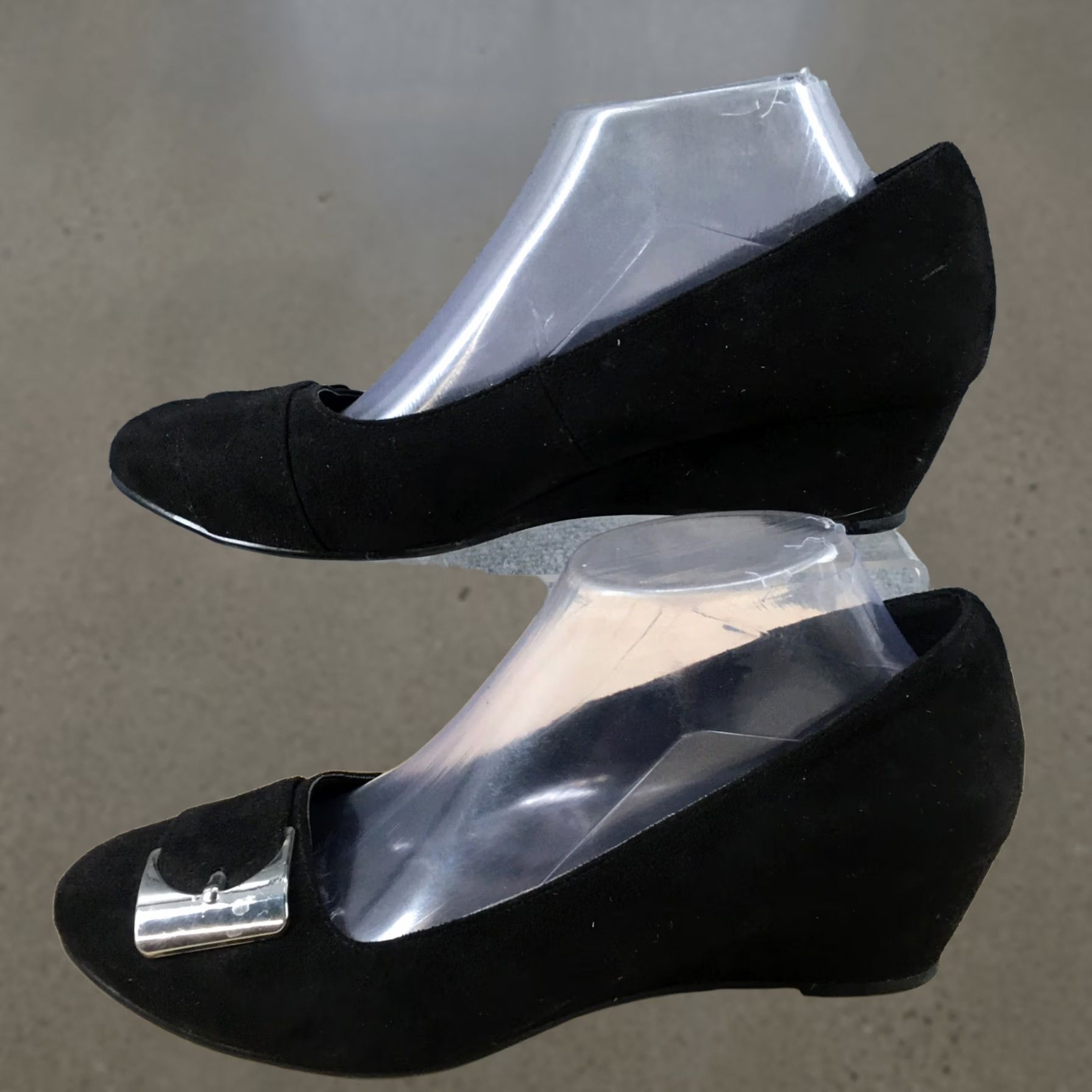 Vintage Impo Heels Womens 9.5 M Wedge Pumps Casual Comfort Black Fabric Slip On Buckle Shoes Size US 10 / IT 40 - 1 Thumbnail