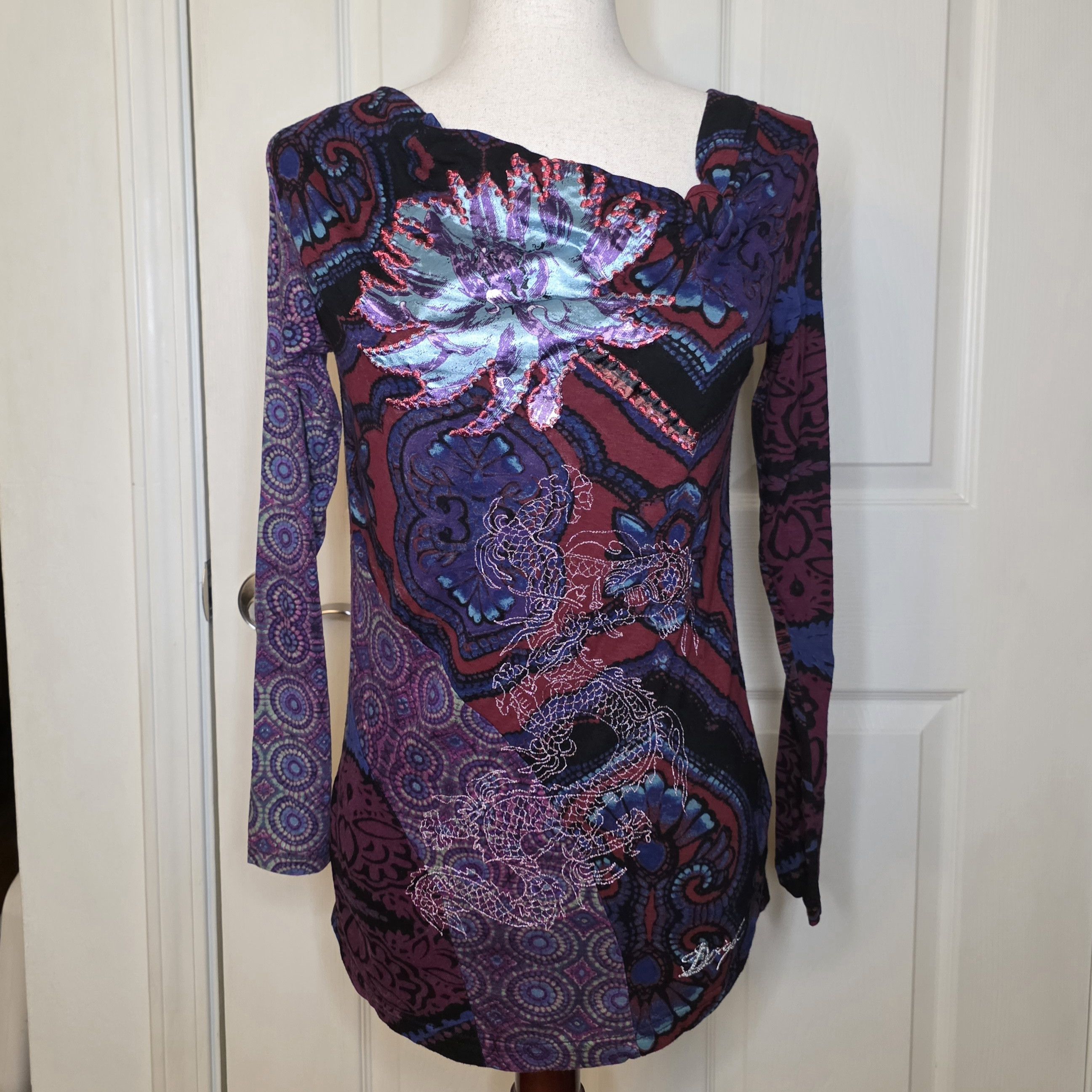 Desigual Desigual Multicolor Embroidered Dragon Long Sleeve Top Size L / US 10 / IT 46 - 1 Thumbnail