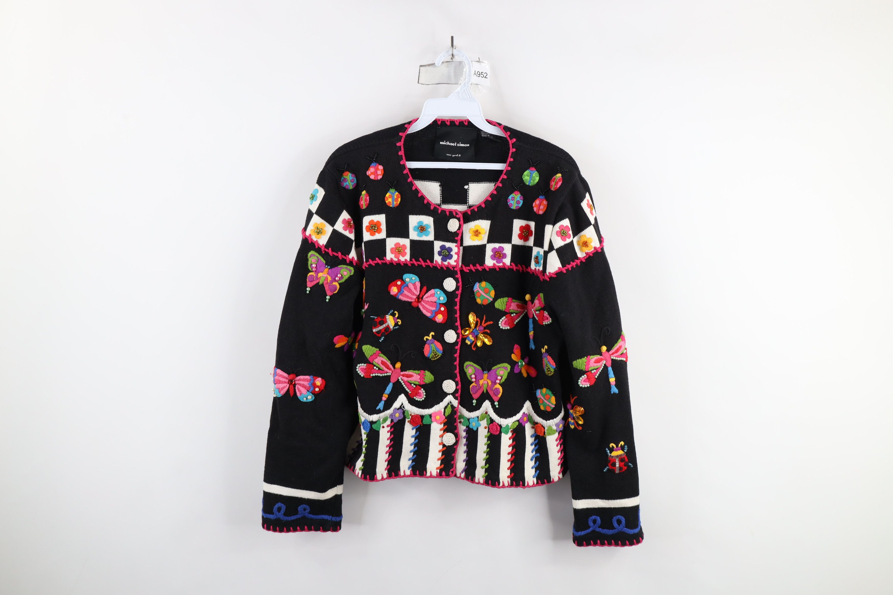 Vintage Vintage 90s Michael Simon Flower Knit Cardigan Sweater Size L / US 10 / IT 46 - 1 Thumbnail