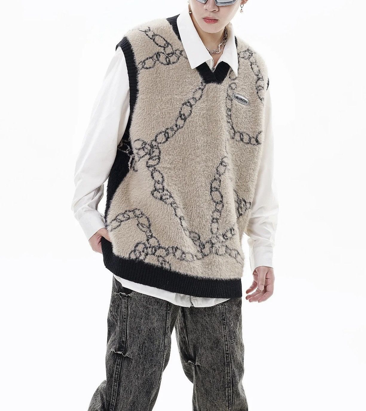 image of Designer Imitation Mink Hair Knitted Mohair Sweater in Beige Black, Men's (Size 2XL)