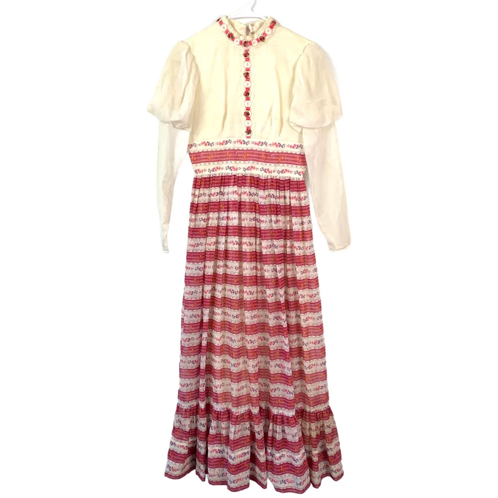 Vintage VINTAGE 60s 70s Prairie Cottagecore Maxi Dress Cream Pink Floral Ribbon Lace S M Boho Folk Romantic Size XS / US 0-2 / IT 36-38 - 2 Thumbnail