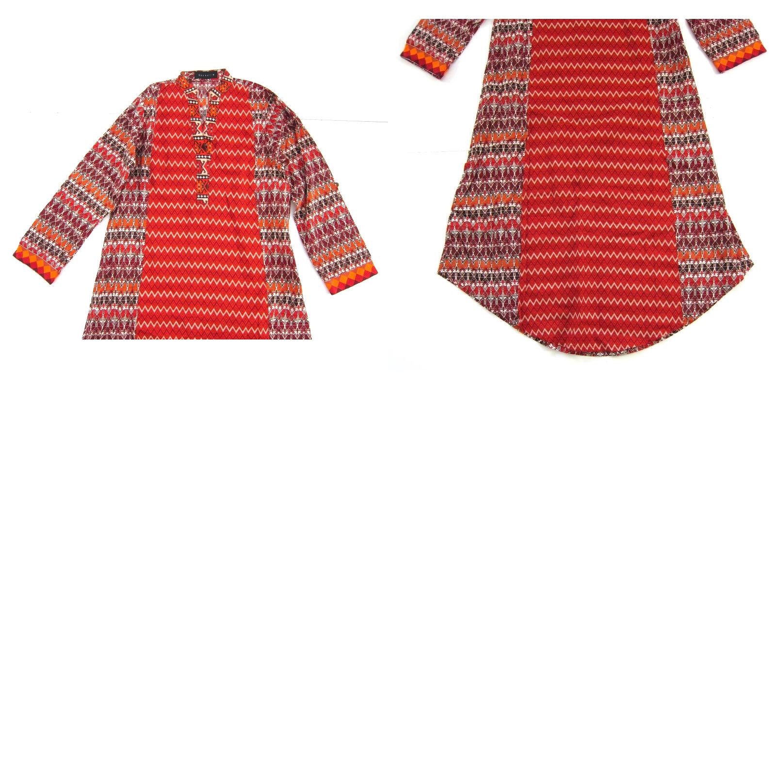 Vintage Khaadi 100% Cotton Batik Long Sleeve Midi Kurta Dress Women 10 Red Orange White Vel? Size L / US 10 / IT 46 - 8 Thumbnail