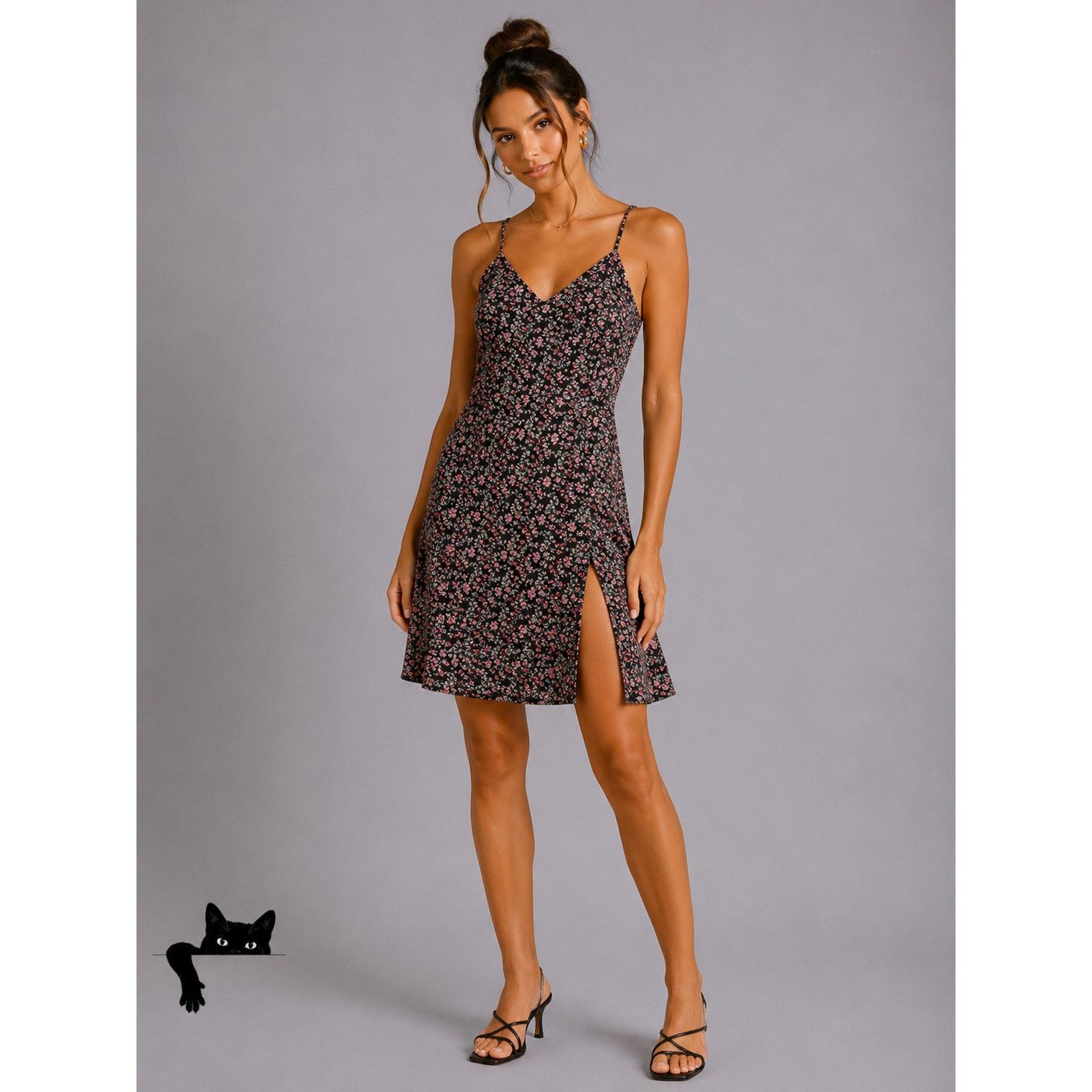 Other Polly Black Floral Print VNeck Spaghetti Strap Slit Dress 6 Size M / US 6-8 / IT 42-44 - 2 Thumbnail