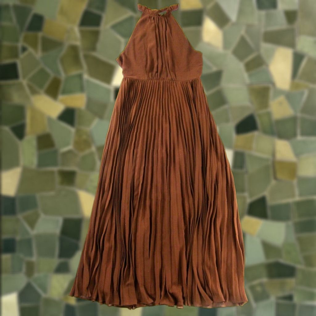 Melloday Nordstrom Brown Ruffle High Neck Sleeveless Long Maxi Gown Dress Large
