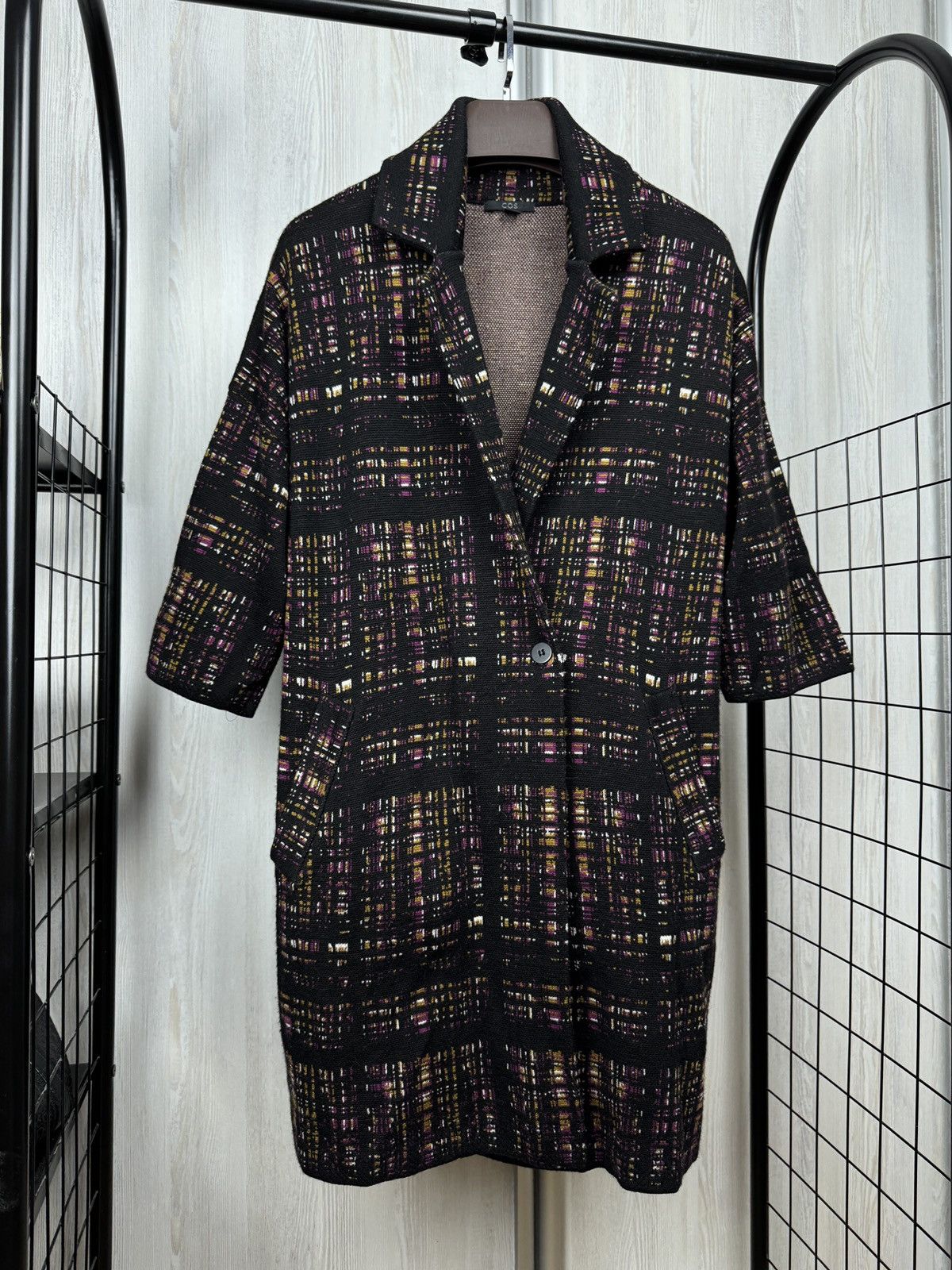 Cos COS Wool Knit Long Cardigan Coat Geo Plaid Button Pockets Size L / US 10 / IT 46 - 1 Thumbnail