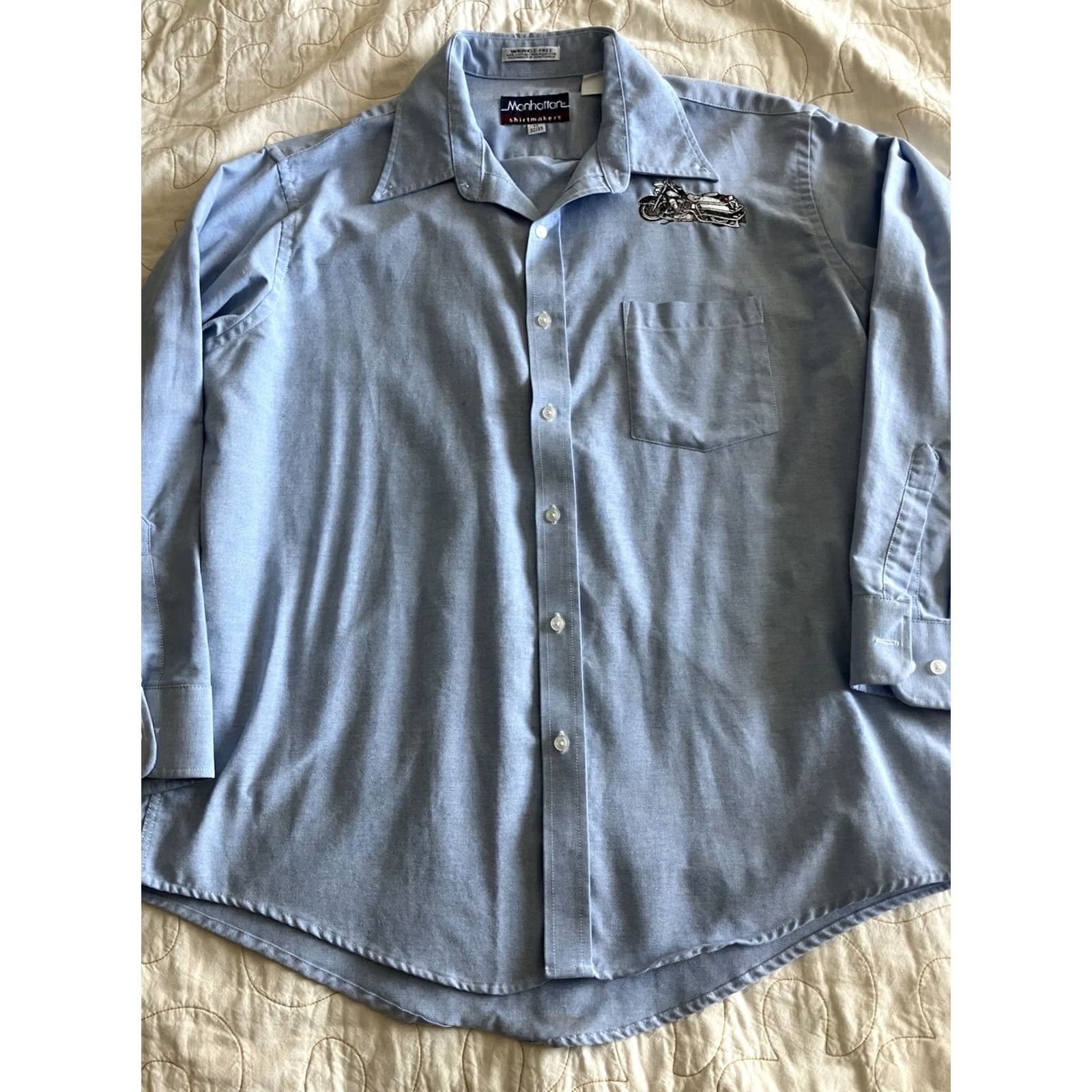 Vintage Manhattan Shirtmakers Shirt Men L Blue Cotton Knit Short Sleeve Embroidered Motorcycle Button-Up Casual Regular Size L Mens Size US L / EU 52-54 / 3 - 3 Thumbnail