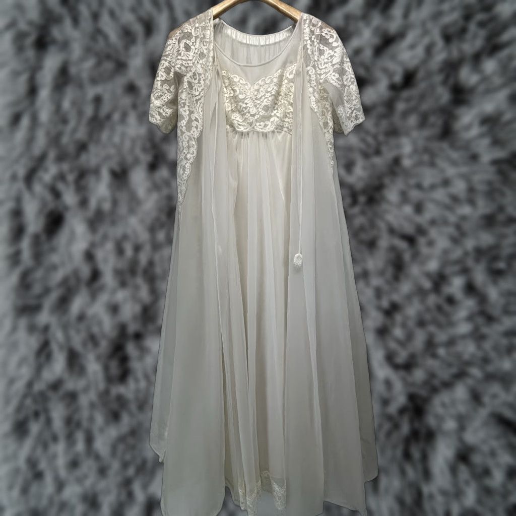 Vintage Shadowline 2 Pc Peignoir Set Women's Petite Xs White Chiffon Gown Robe 1970S Lingerie