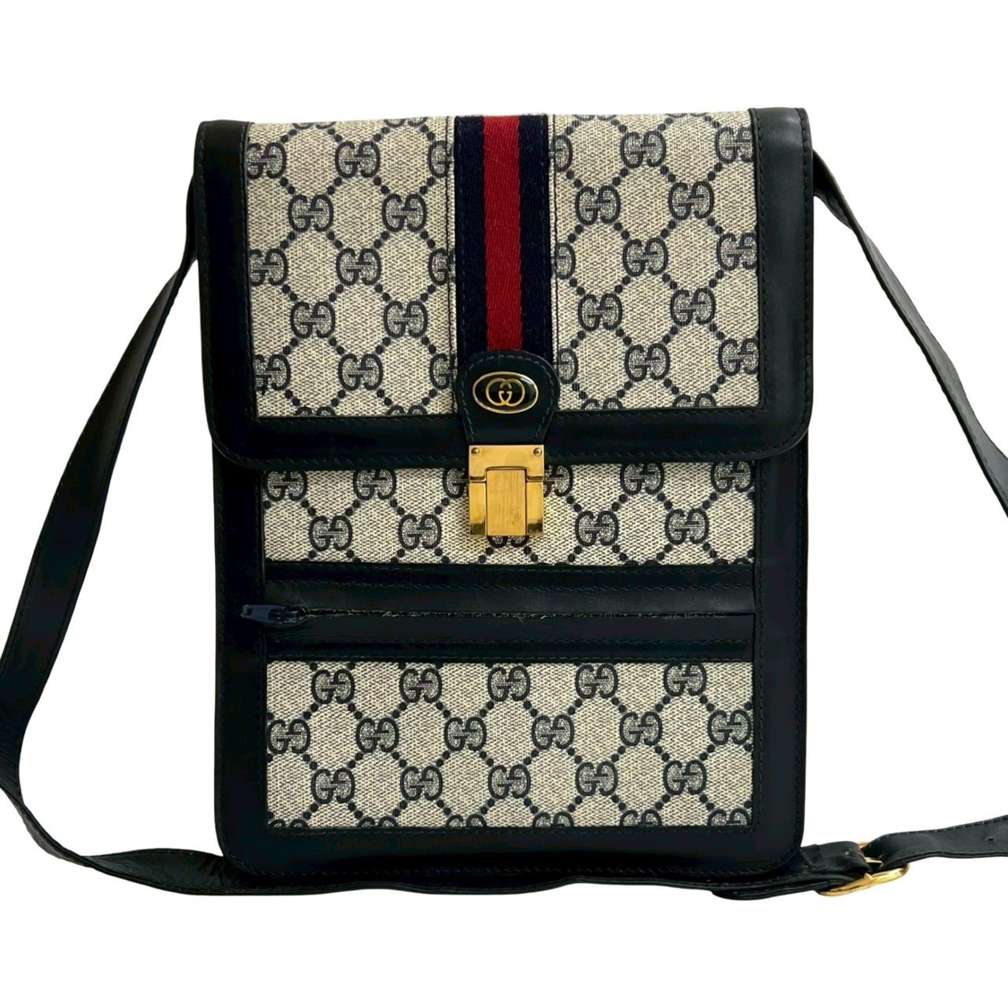 GUCCI Old Gucci Sherry Line GG Logo Leather Shoulder Bag Pochette Navy 43599