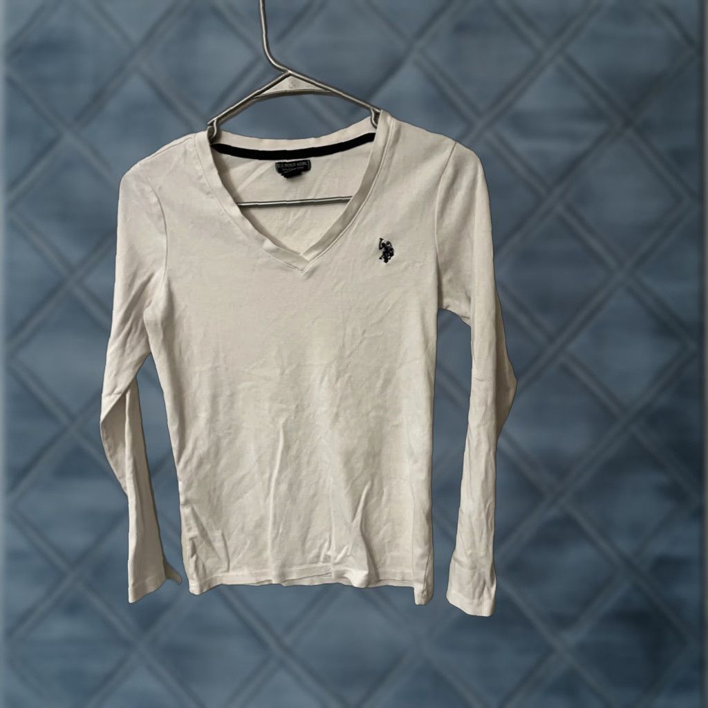 Vintage US Polo Assn T-Shirt Shirt Women Long Sleeve White with Logo V-Neck 100% Cotton Size S / US 4 / IT 40 - 1 Thumbnail
