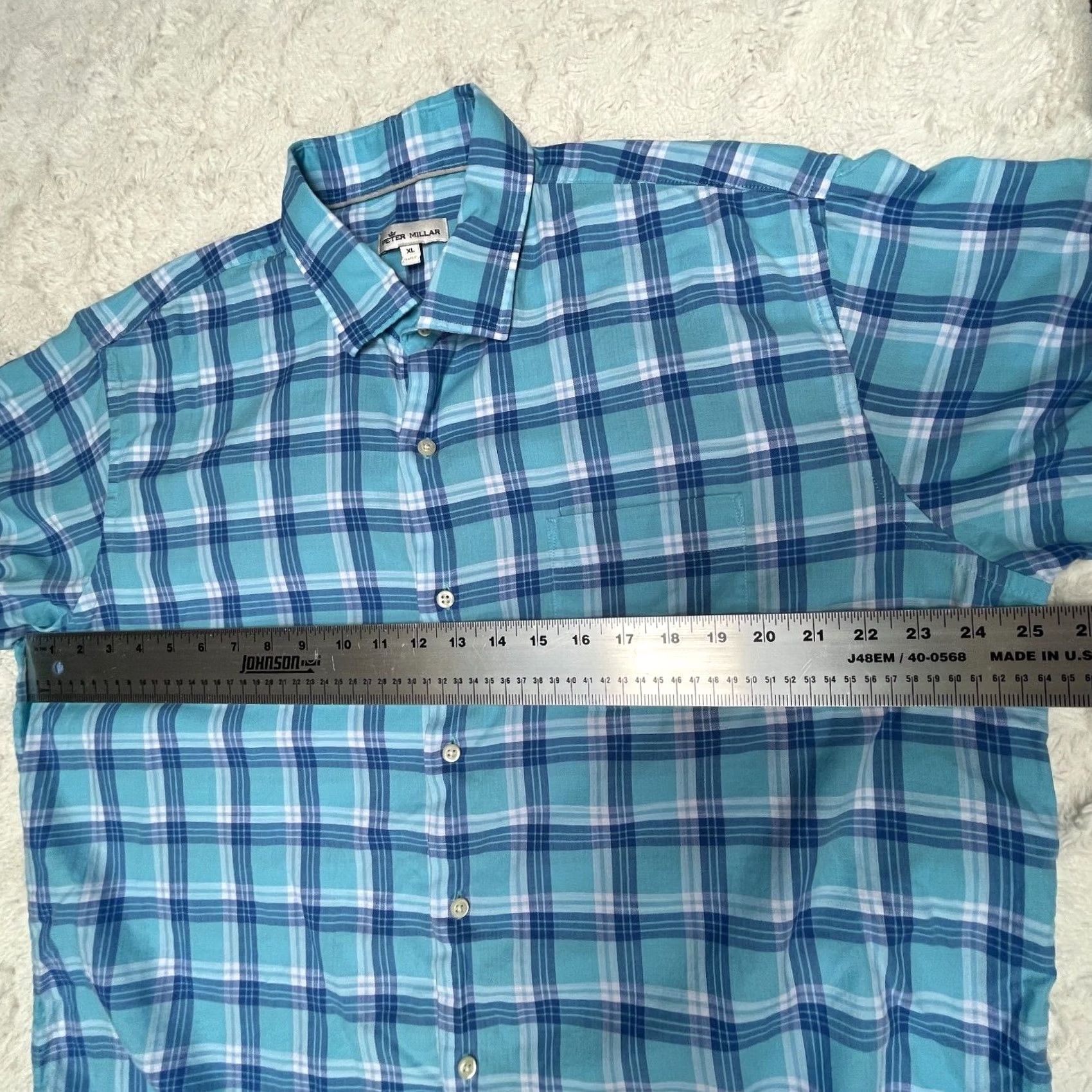 Peter Millar Peter Millar Mens Plaid Shirt Button-Up Short Sleeve XL Blue 100% Cotton Size US XL / EU 56 / 4 - 7 Thumbnail
