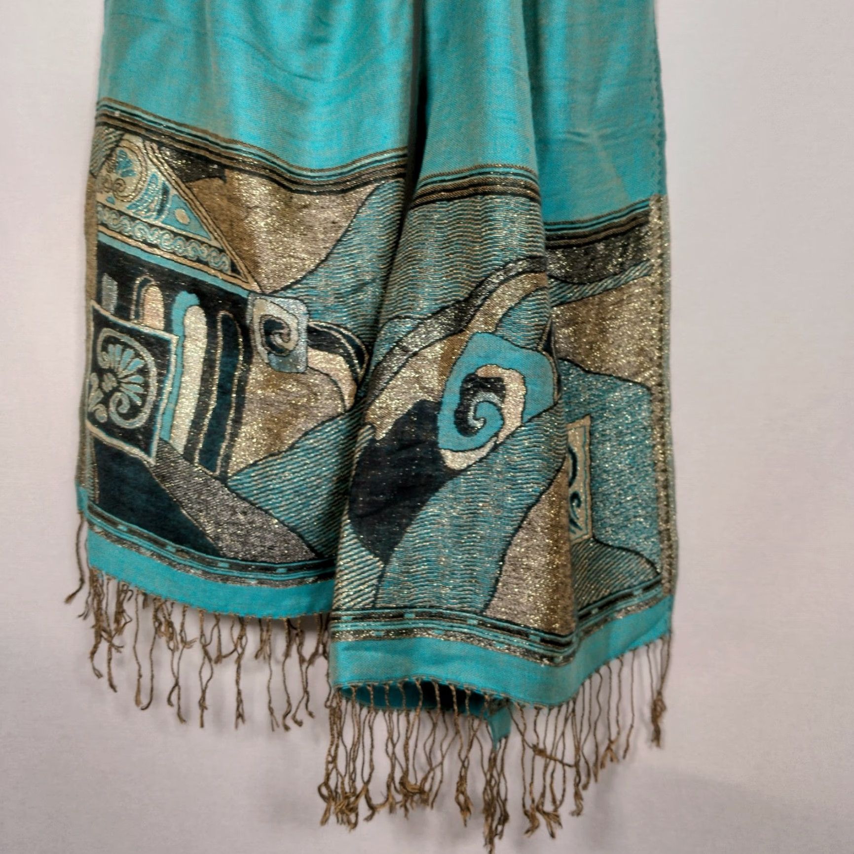 Vintage VINTAGE Cashmere Scarf Woven Turquoise Blue Black Metallic Gold Artsy Boho Wrap Fringe Unisex 75.5x27 Inches Size ONE SIZE - 3 Thumbnail