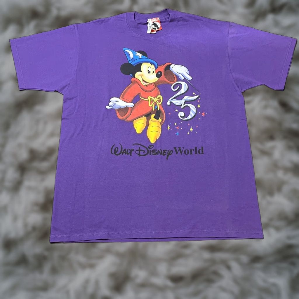 VINTAGE Mickey Inc Shirt Mens XL Disney 90s Purple Mickey Sorcerer 25th Anniversary Graphic Print Crew Neck USA
