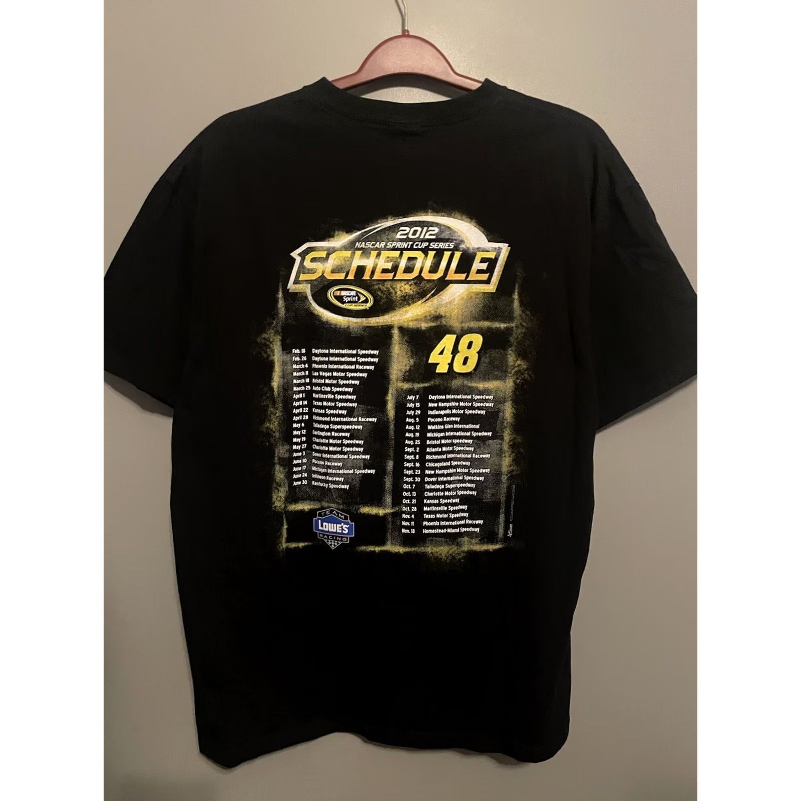 NASCAR Jimmie Johnson NASCAR Men XL T-Shirt 2012 Sprint Cup Series Schedule (E31) Black Graphic Tee Short Sleeve Cotton Round Neck Size US XL / EU 56 / 4 - 5 Thumbnail