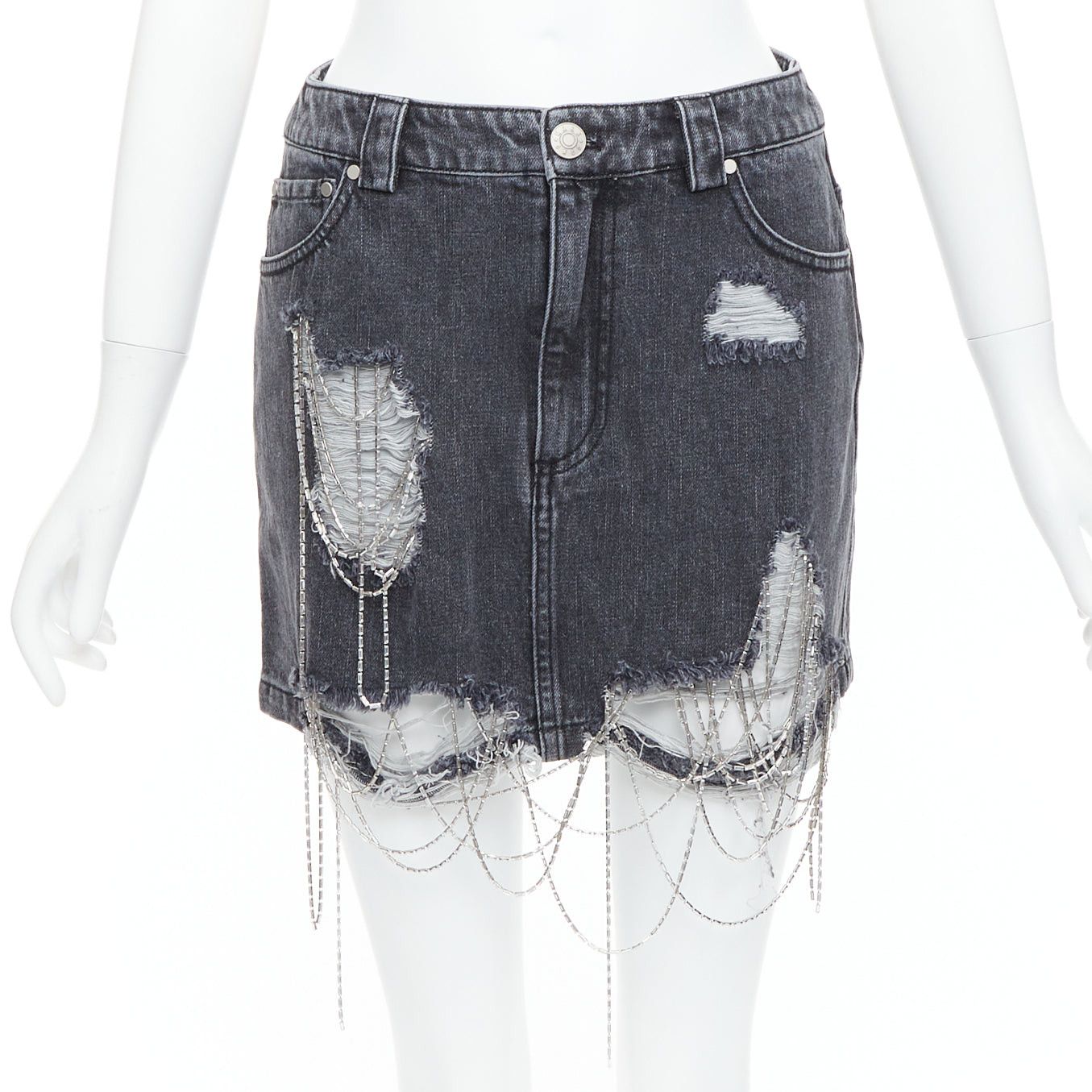 Other MARK GONG grey denim distressed beaded fringe mini skirt IT36 XXS Size 25" / US 0 / IT 36 - 1 Thumbnail