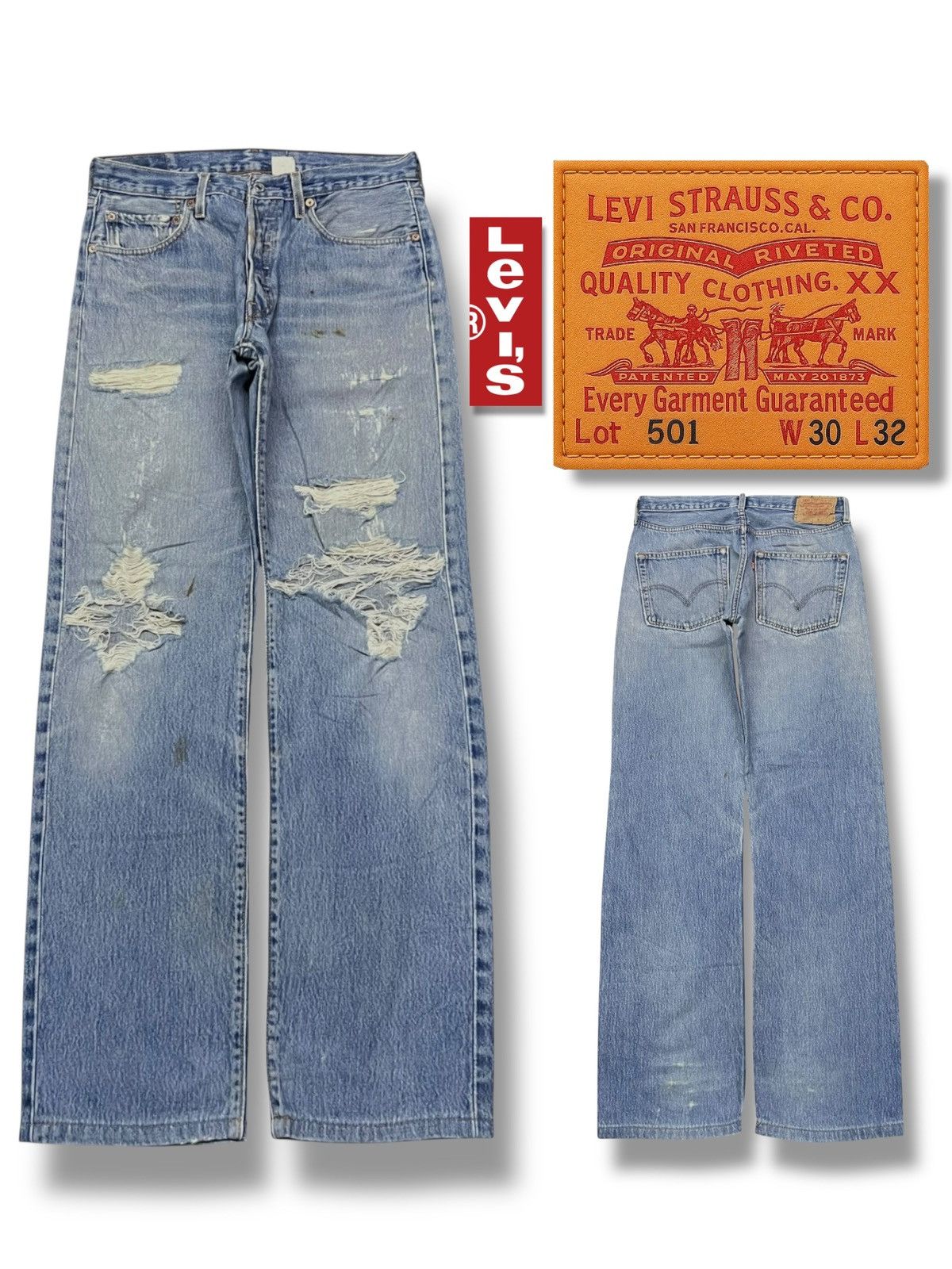 Levi's Vintage Levi’s 501 Button Fly - Faded,Ripped Destroyed Jeans Size US 31 - 1 Thumbnail