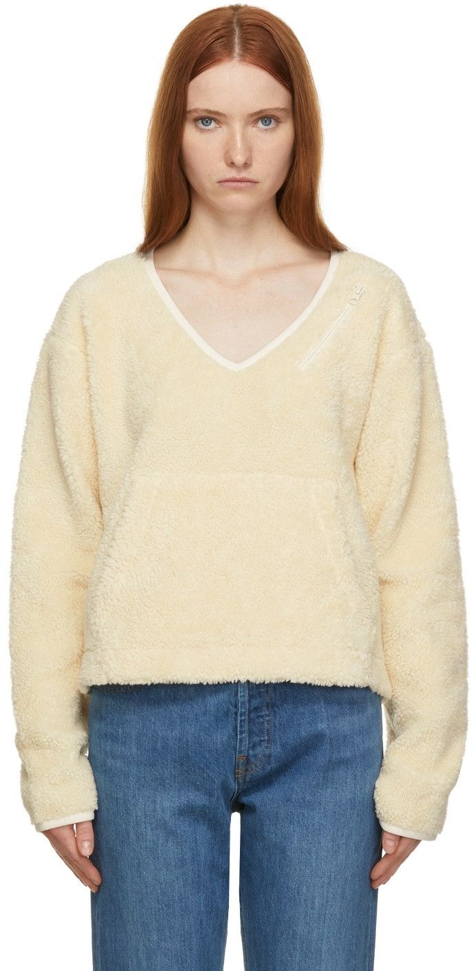 Helmut Lang Off-White Fleece V-Neck Sweater Size S / US 4 / IT 40 - 1 Thumbnail