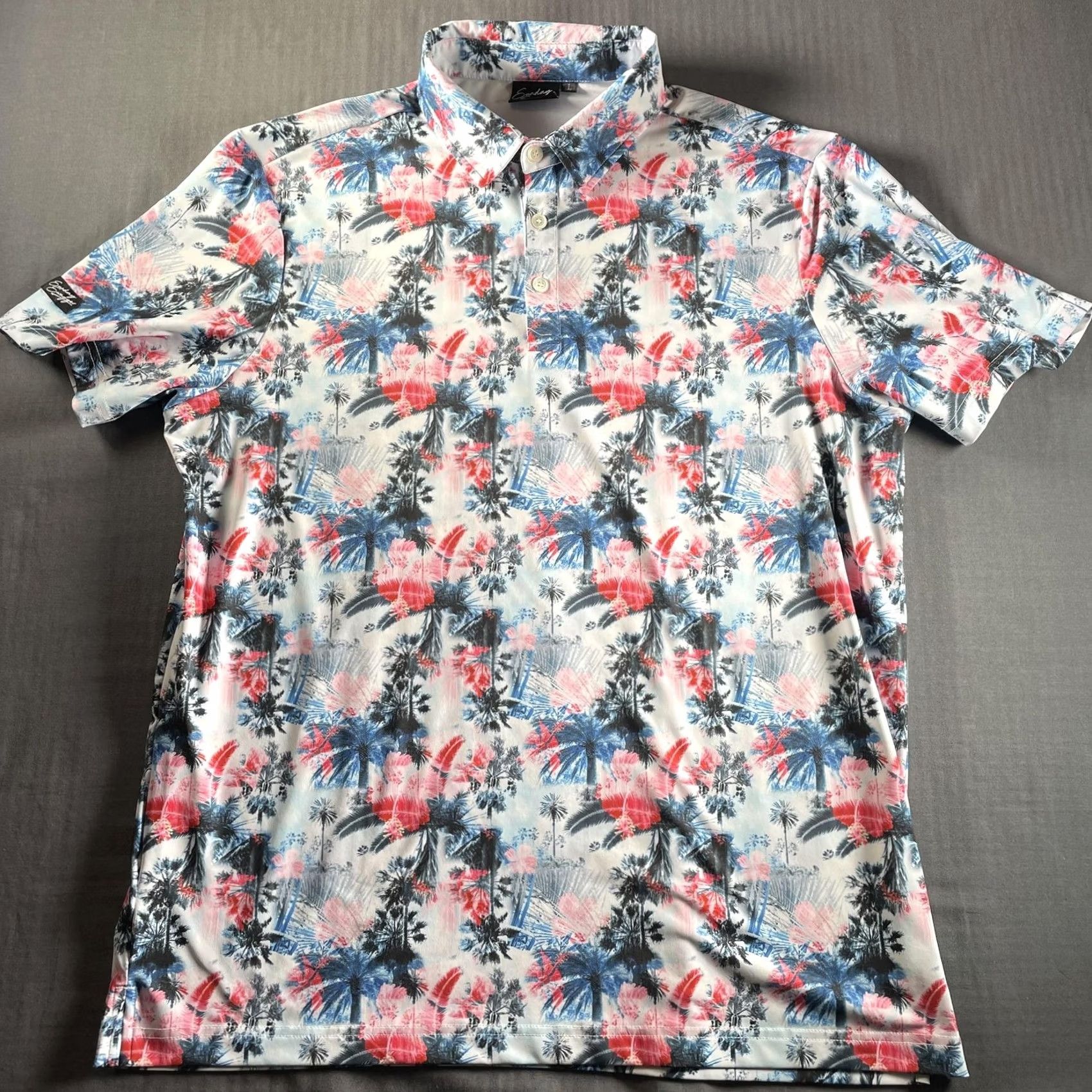 Vintage Sunday Swagger Polo Shirt Mens L Blue Red Tropical Palm Floral Golf Stretch Shirt Size US L / EU 52-54 / 3 - 4 Thumbnail