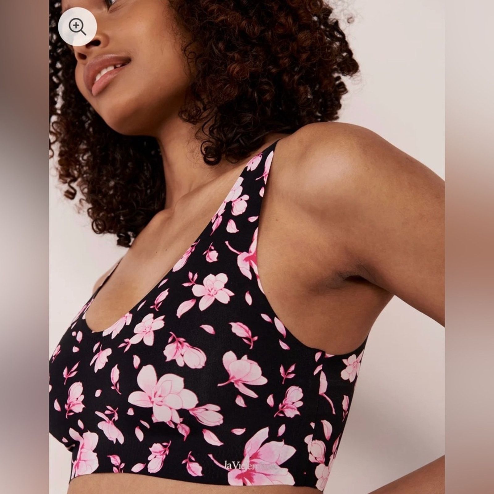 la Vie en Rose Black Floral V-Neck Bra with Pink Flowers and Panties set S Size ONE SIZE - 3 Thumbnail