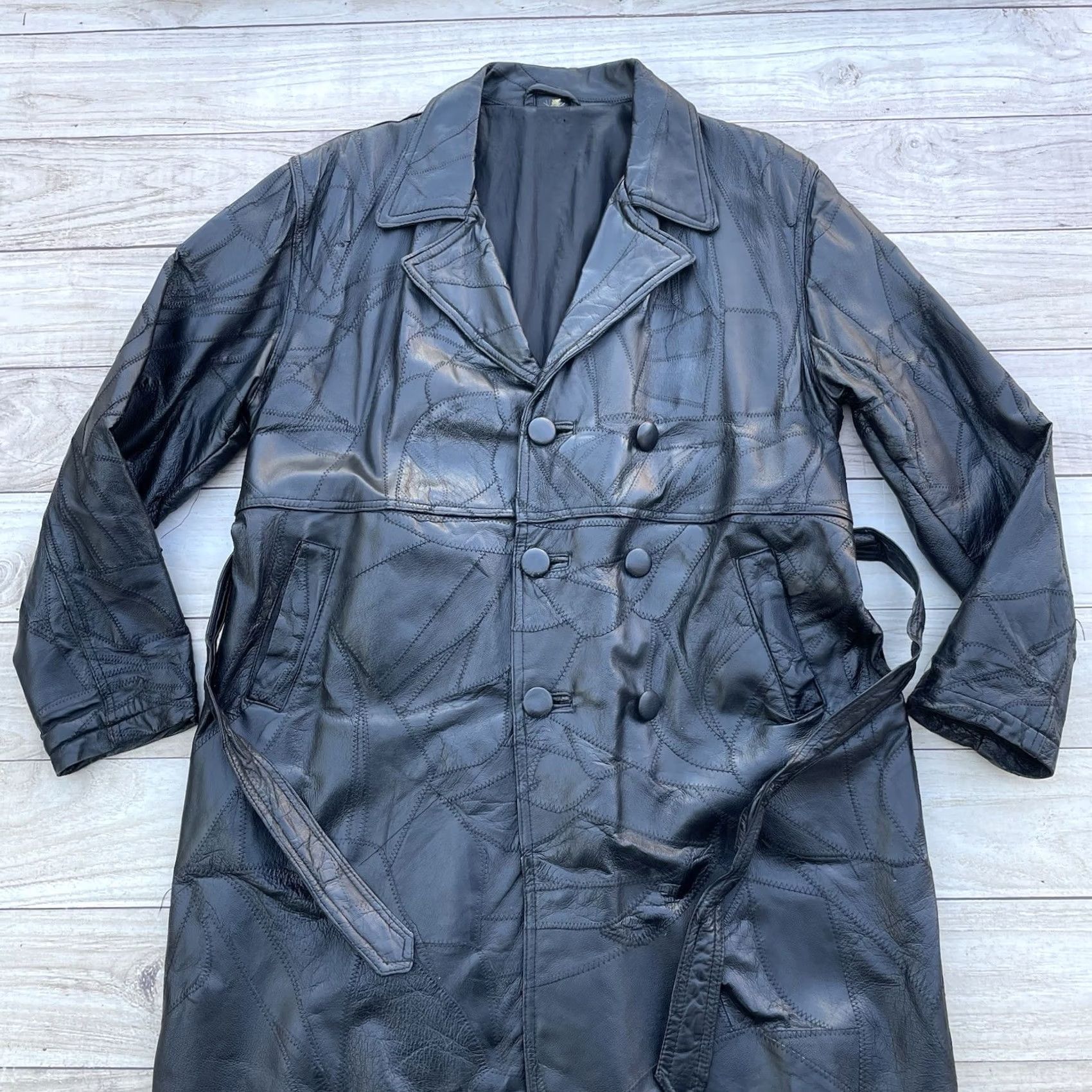 Vintage Men's Black Patch Leather Full-Length Trench Coat Belted 2XL 3 Button Jacket Size US XXL / EU 58 / 5 - 2 Thumbnail