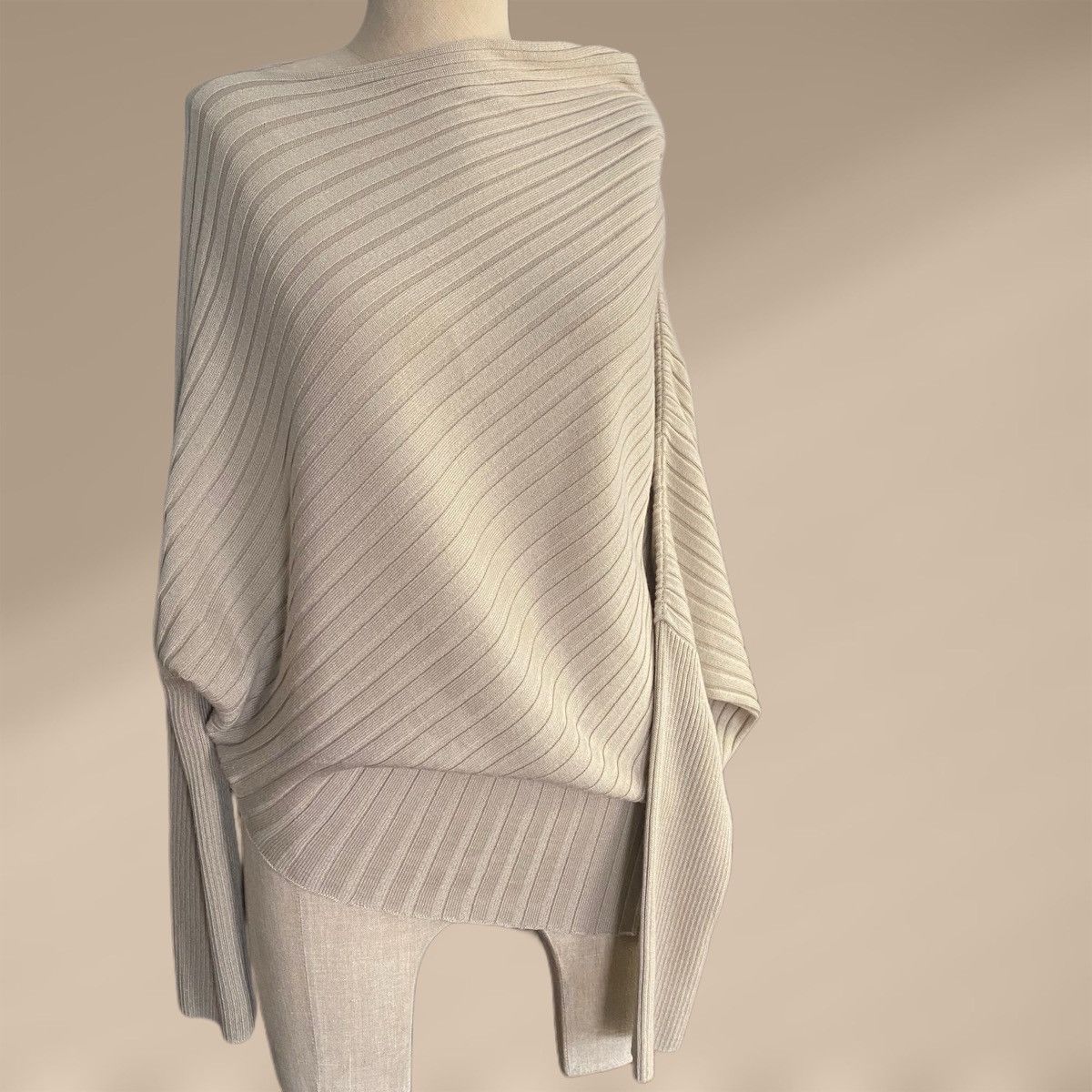 image of St John Couture St John Knits Asymmetric Cowl Neck Dolman Sweater in Tan/Beige, Women's (Size Small