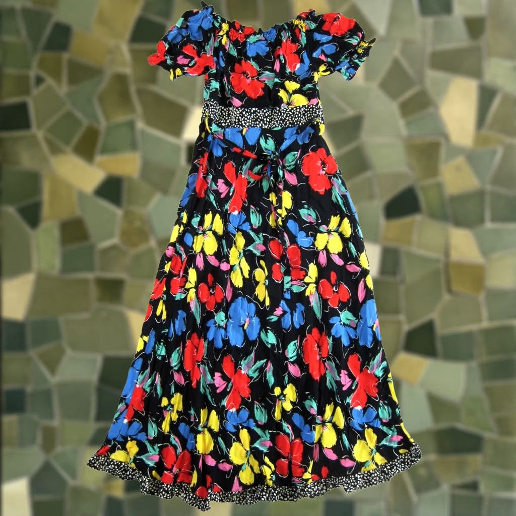 Vintage RICO Black Yellow Red Pink Floral Off Shoulder Short Sleeve Long Maxi Dress 4 Size 27" / US 4 / IT 40 - 1 Thumbnail