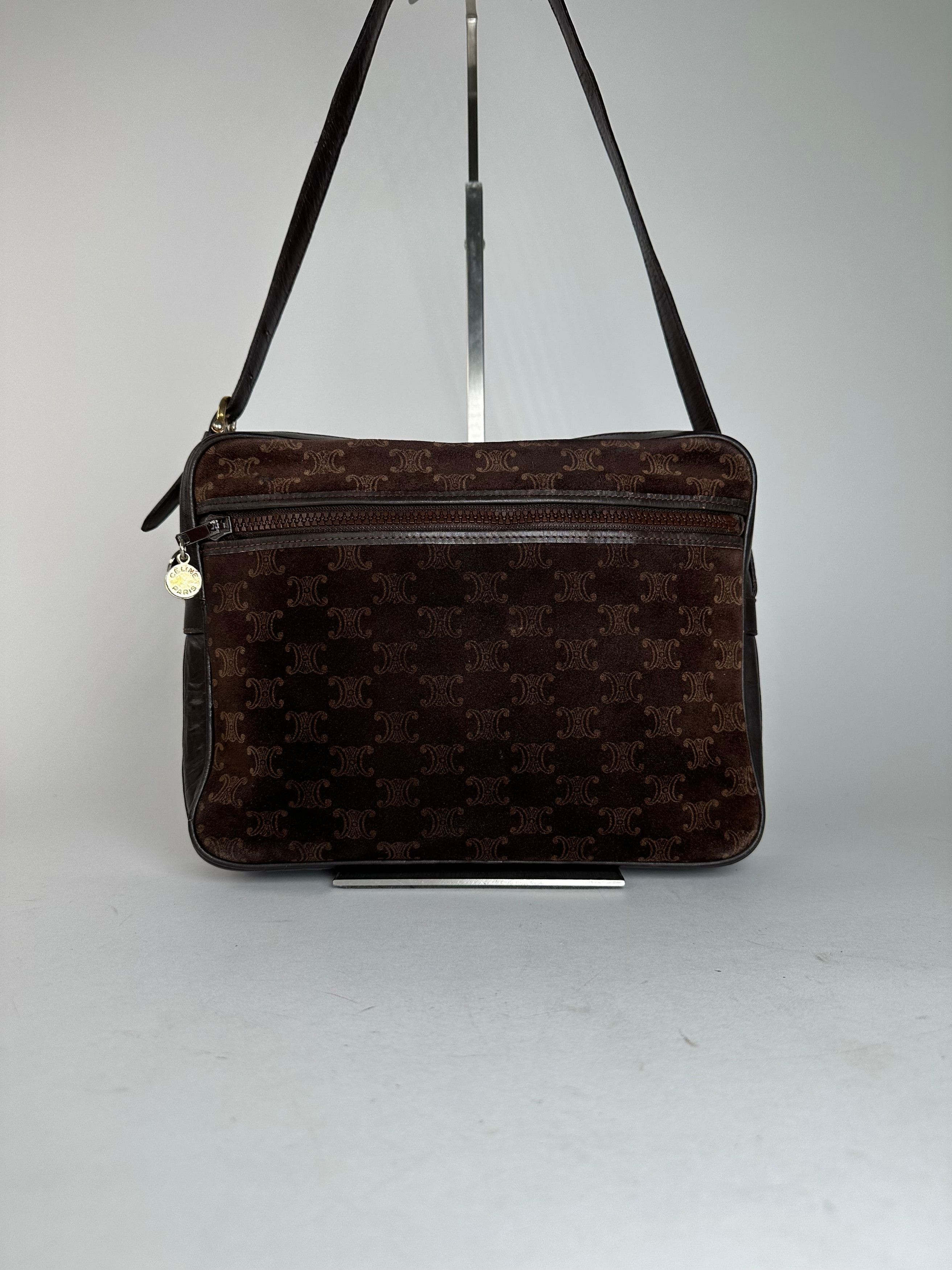 Celine Vintage Paris Triomphe Monogram Suede Shoulder Bag Brown Size ONE SIZE - 1 Thumbnail