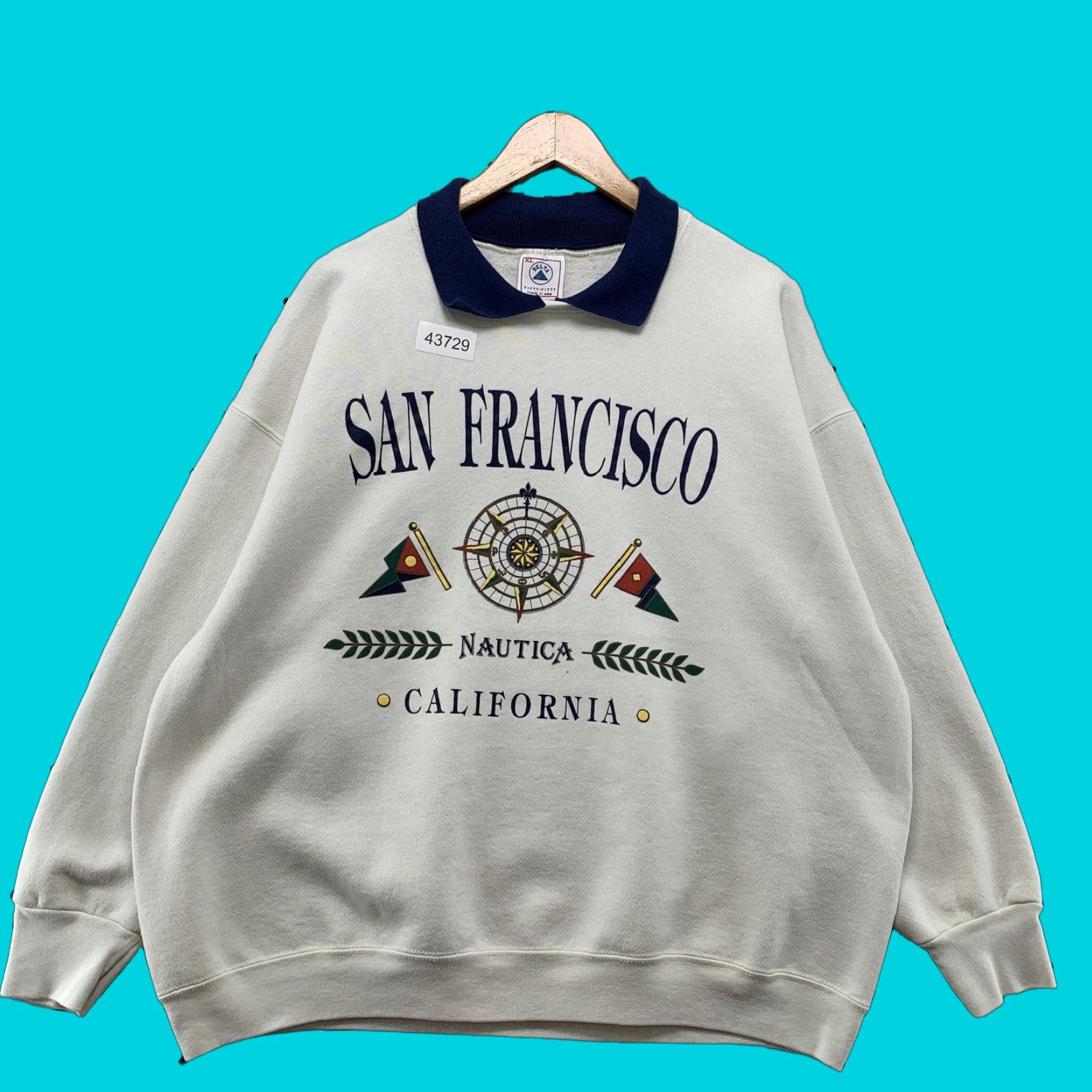 Delta VINTAGE Nautica California Sweatshirt Men XL White Collared USA 80s San Francisco Mountain? Size US XL / EU 56 / 4 - 1 Thumbnail