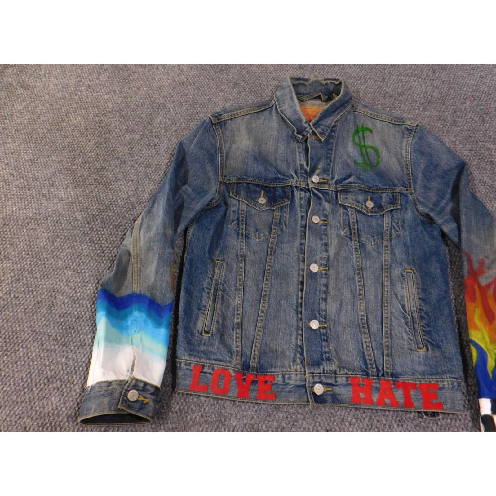 Levi's VINTAGE Levi's Jacket Mens Medium Blue Denim Hand-Painted Love Hate Flames Art Bomber Jacket Size US M / EU 48-50 / 2 - 4 Thumbnail