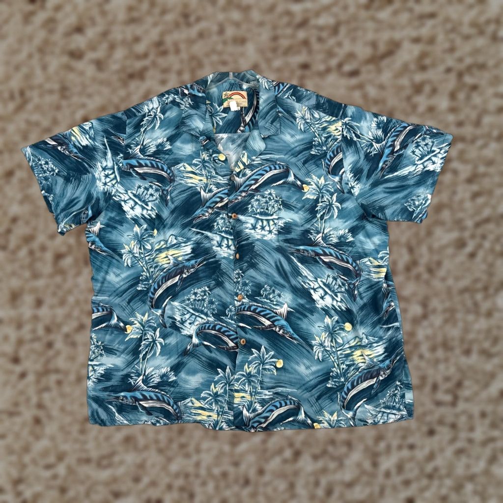 Paradise Found VINTAGE Paradise Found Shirt Men 3XL Blue Hawaiian Palm Floral Short Sleeve Button-Up Size US XXL / EU 58 / 5 - 1 Thumbnail