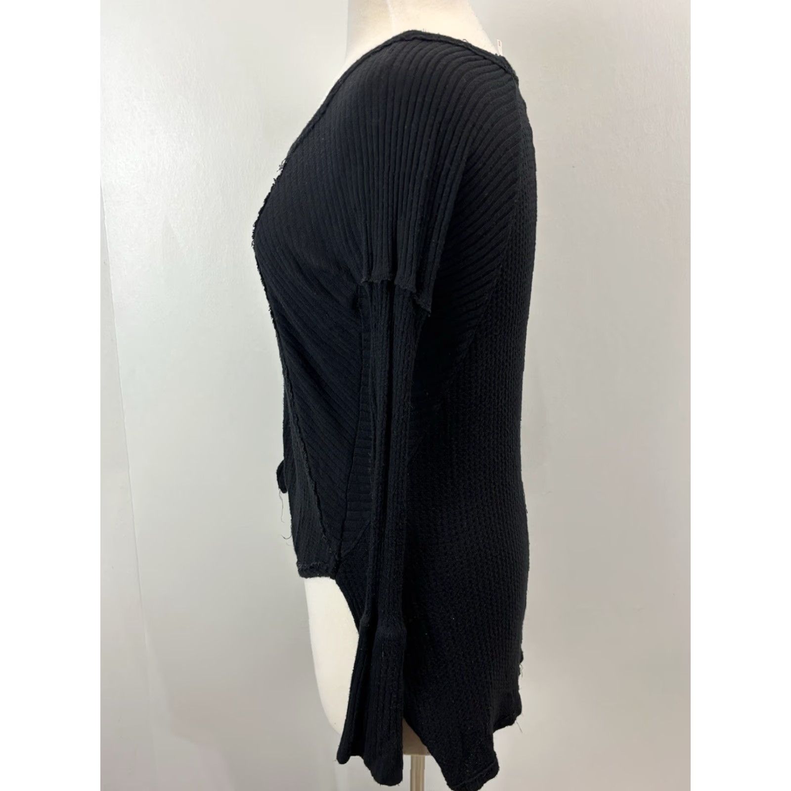 Free People Free People Shirt Women XS Black Thermal Tunic Top Tie Front Witchy Goth Raw Edge Size XS / US 0-2 / IT 36-38 - 2 Thumbnail