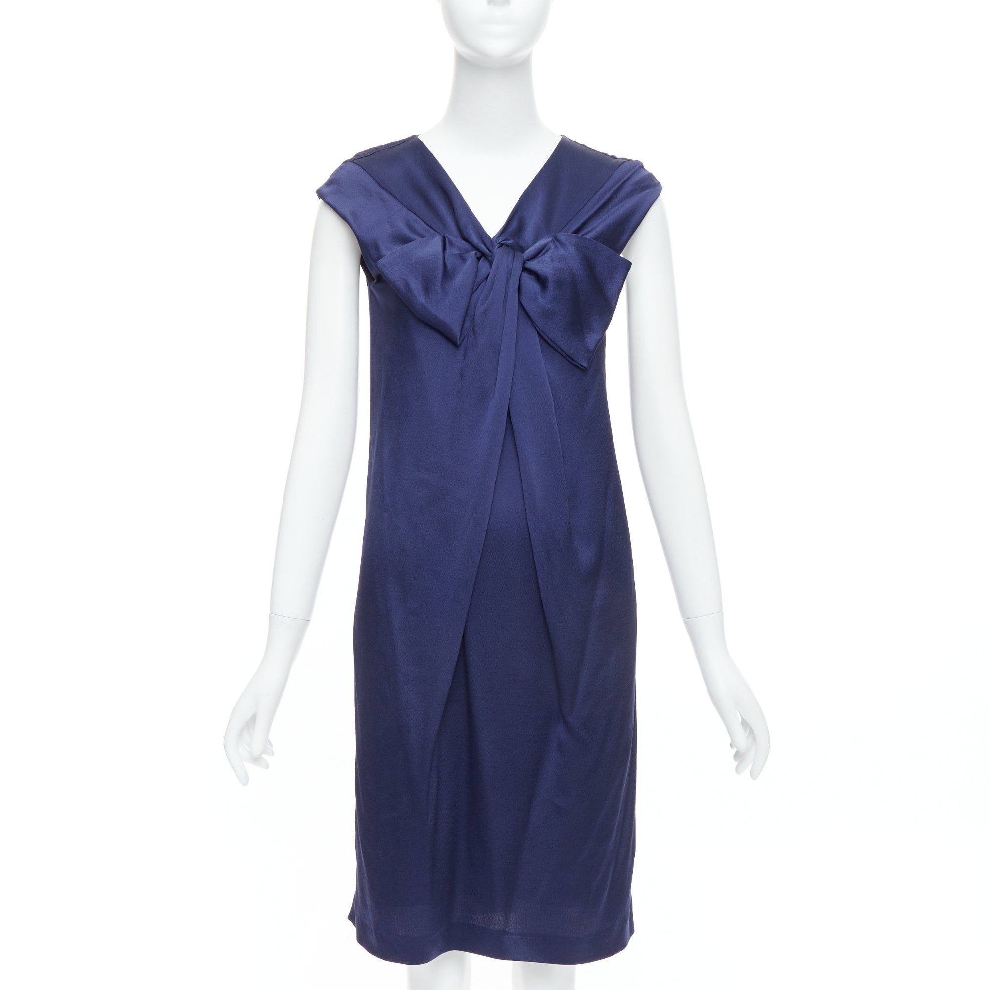 Alberta Ferretti ALBERTA FERRETTI 100% silk navy bow detail cap sleeve V neck dress IT38 XS Size XS / US 0-2 / IT 36-38 - 1 Thumbnail