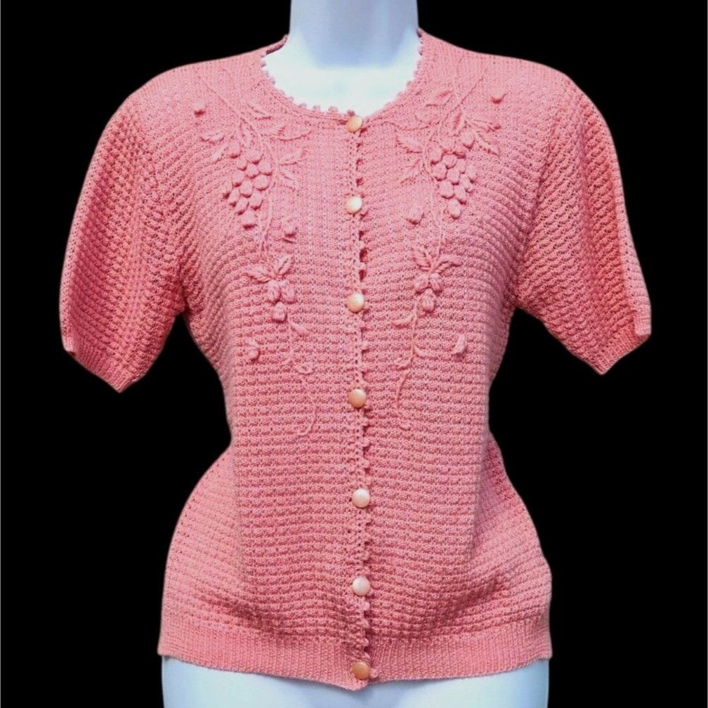 Vintage Vintage 70s Japanese Pastel Pink Lace Knit Floral Cardigan T Size M / US 6-8 / IT 42-44 - 11 Thumbnail